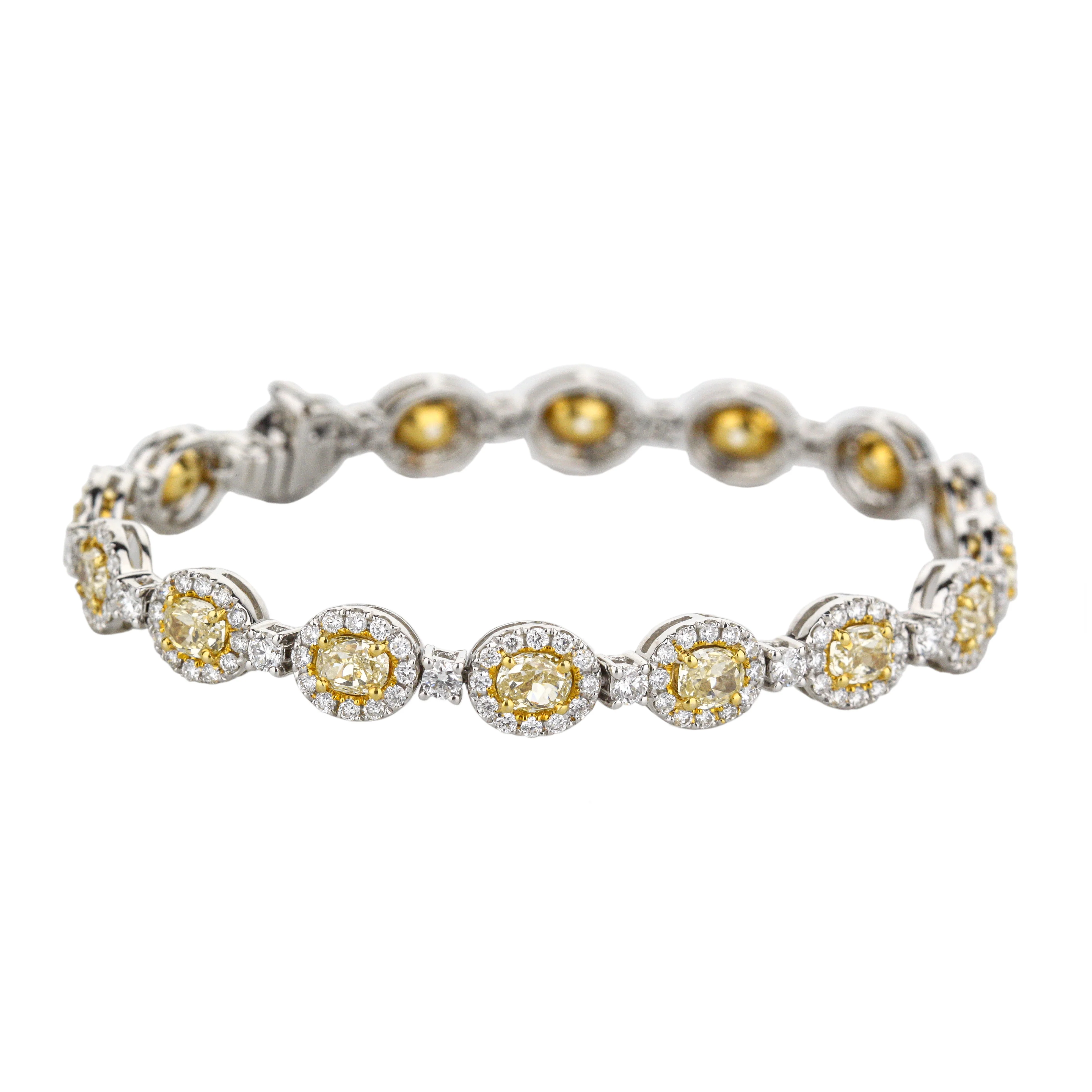 18K Two-Tone Oval Tennis Bracelet With 16 Yellow Diamonds Halo Style - Image 3