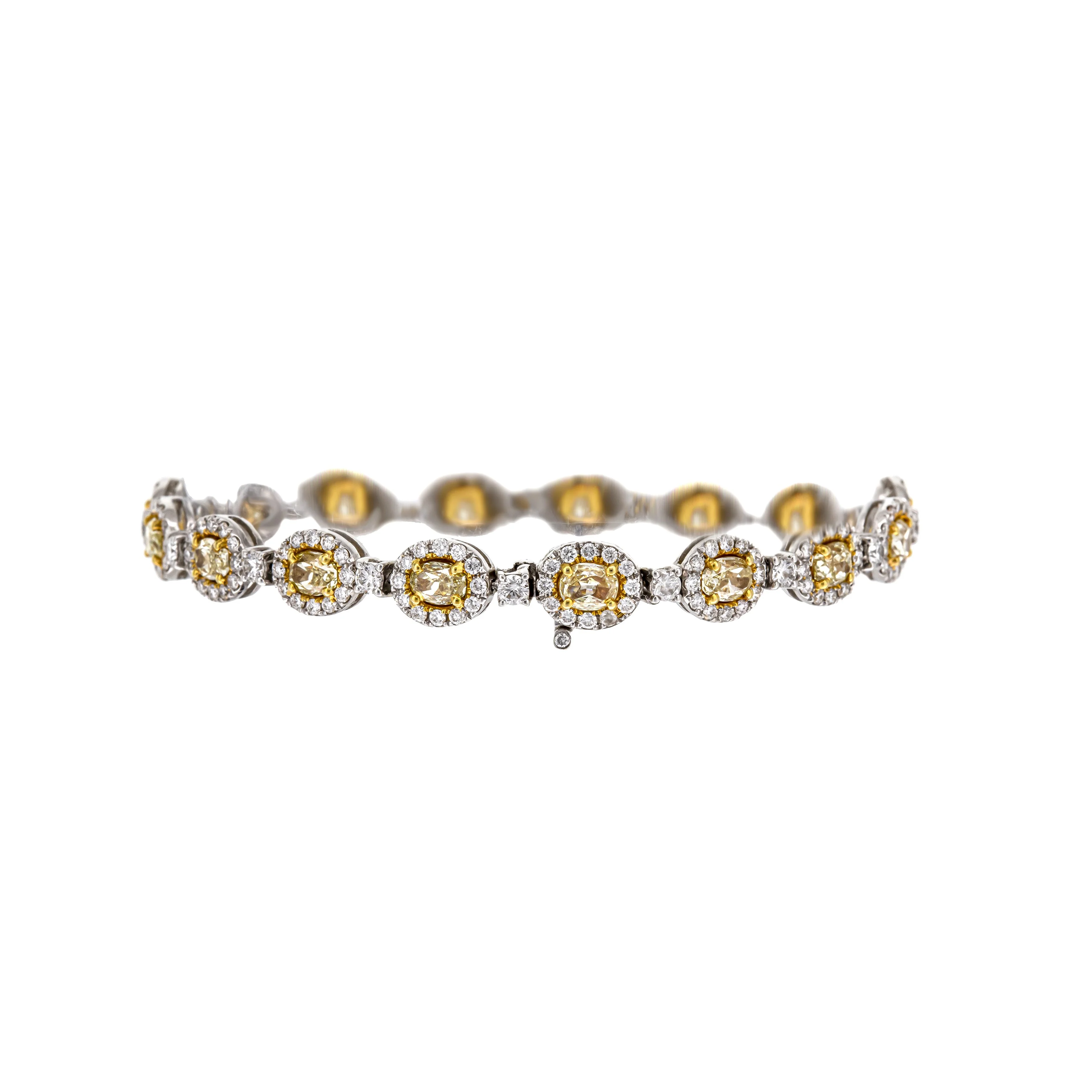 18K Two-Tone Oval Tennis Bracelet With 16 Yellow Diamonds Halo Style - Image 4