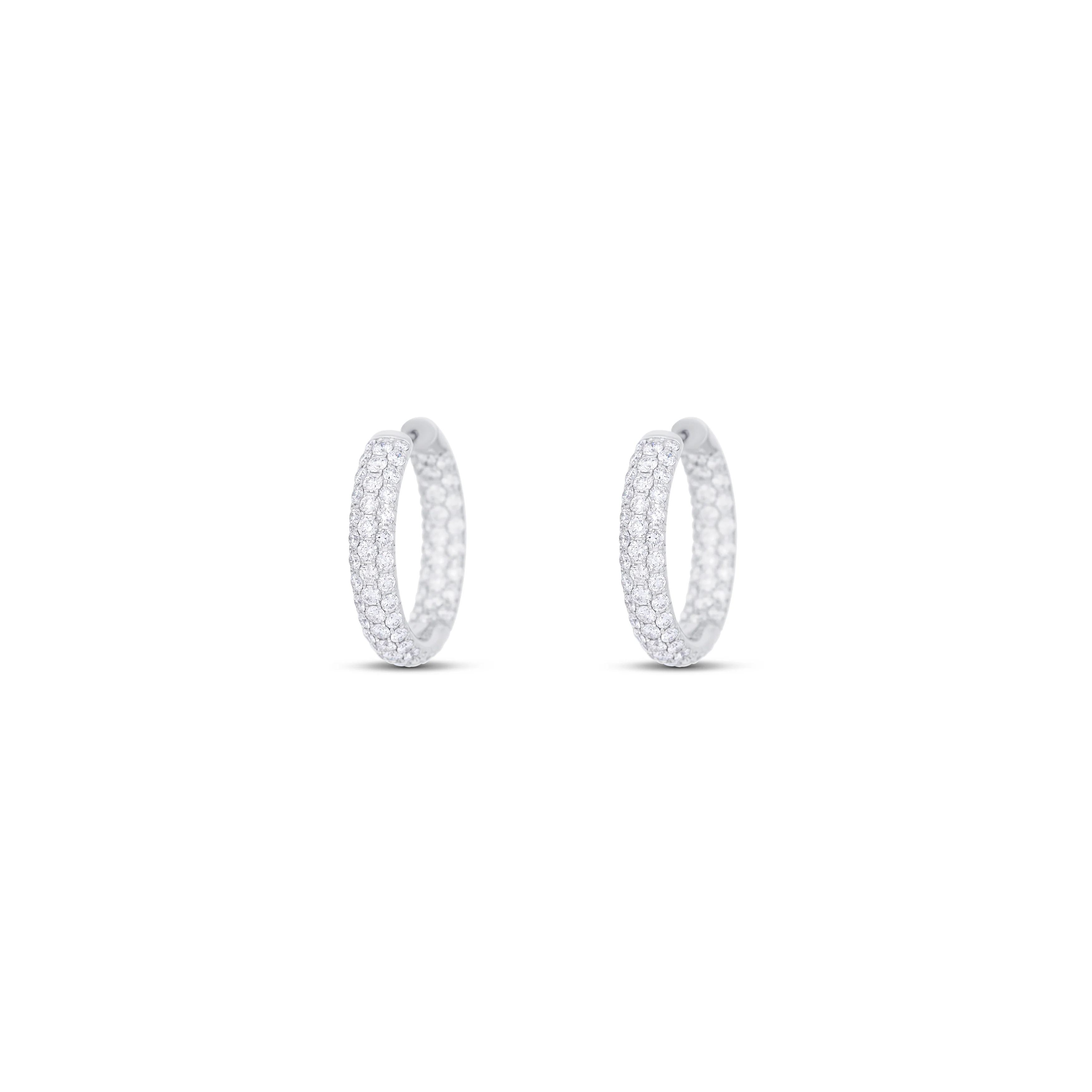 18K White Gold 3 Row Inside-Out Round Diamond Small Hoop Earrings - Image 2
