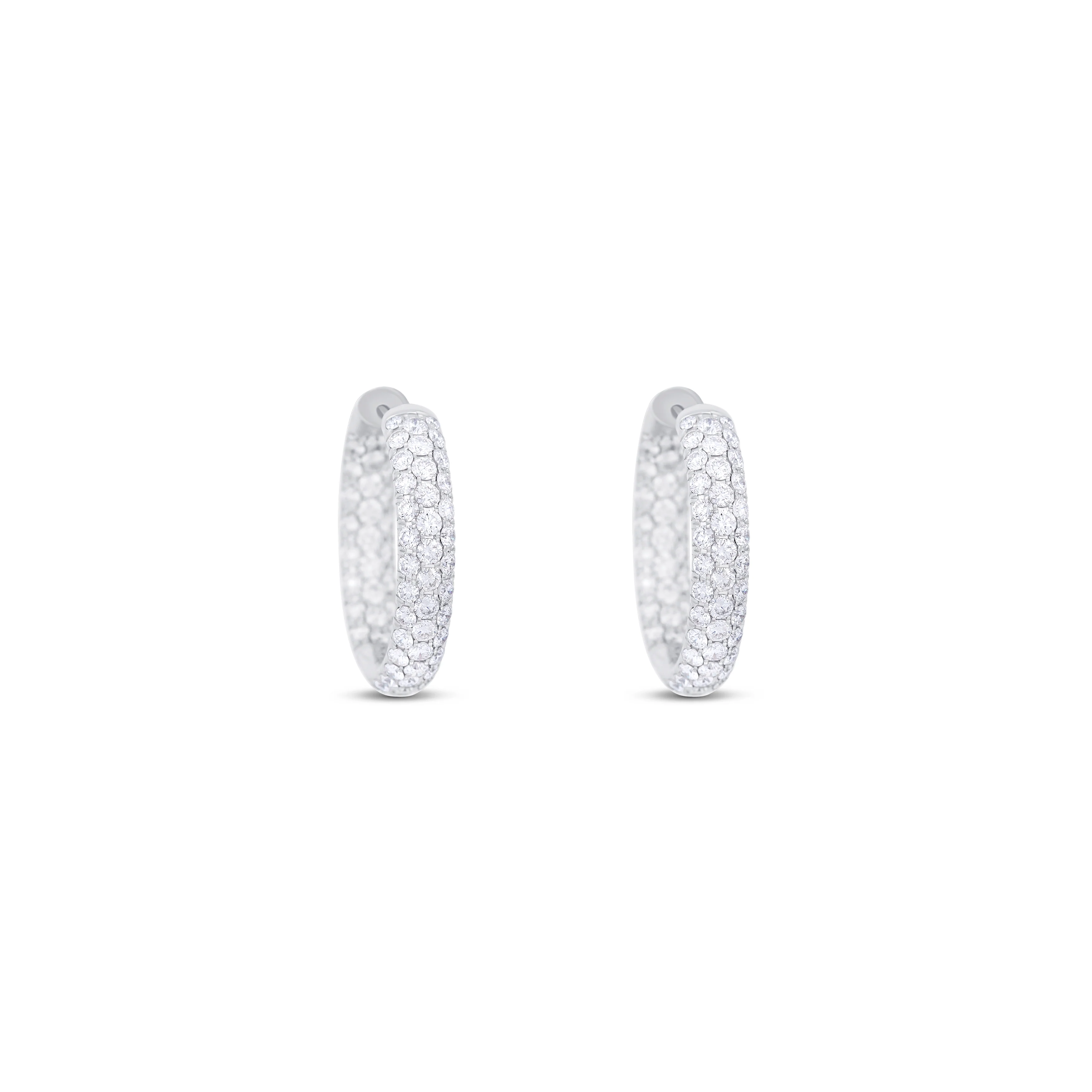 18K White Gold 3 Row Inside-Out Round Diamond Small Hoop Earrings - Image 3