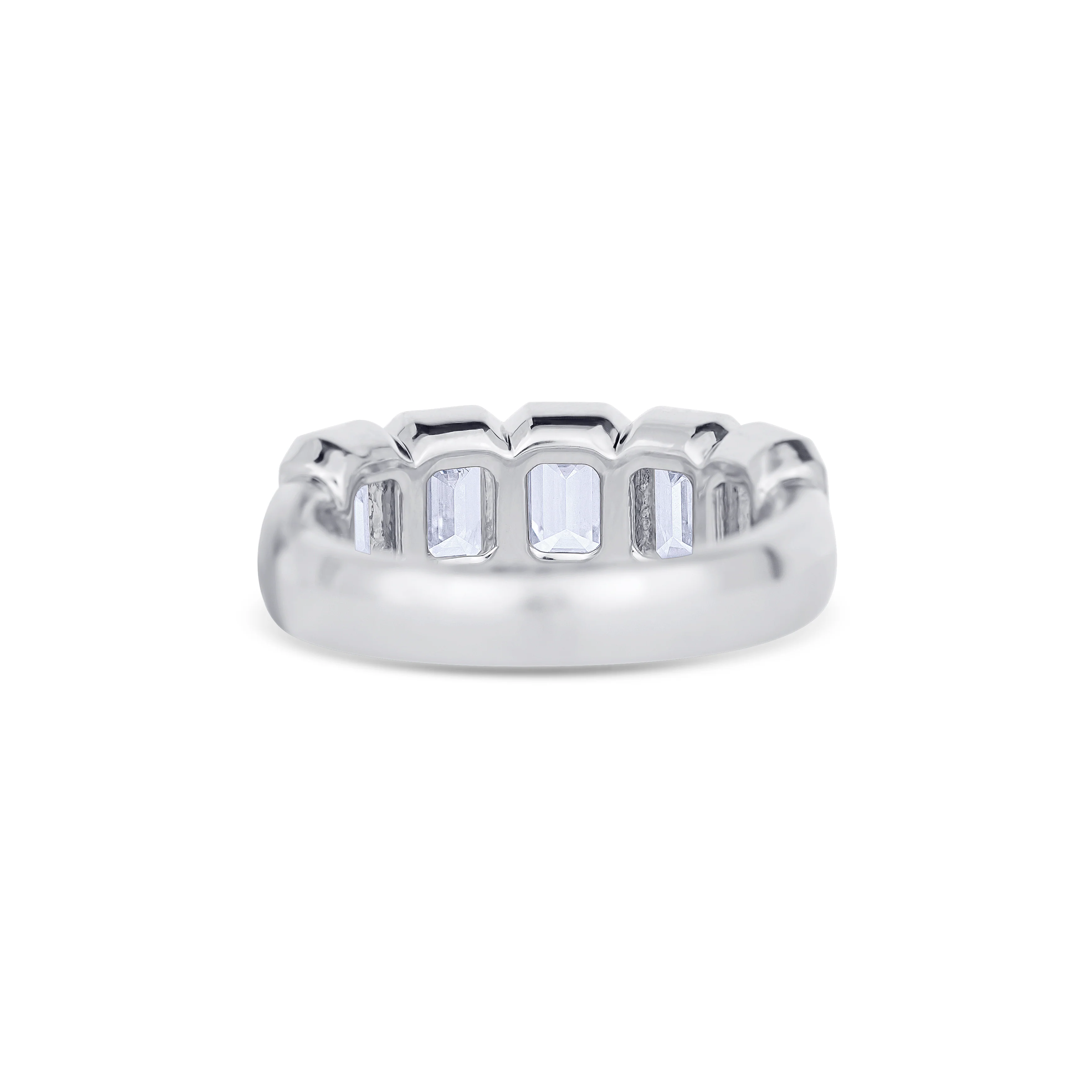 18K White Gold Bezel Set Emerald Cut Diamond Halfway Wedding Band - Image 4