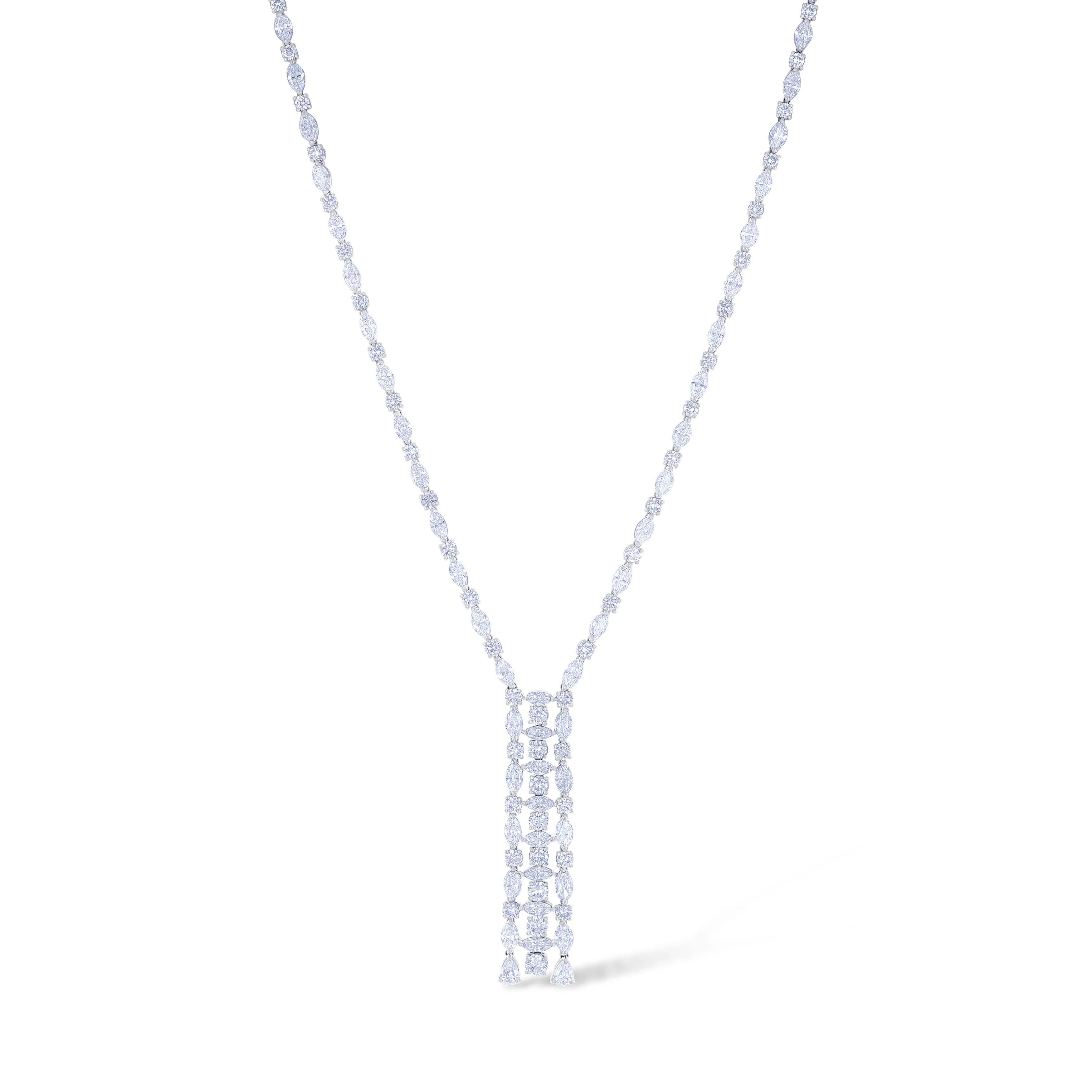 18K White Gold Alternating Diamond With Triple Line Drop Necklace