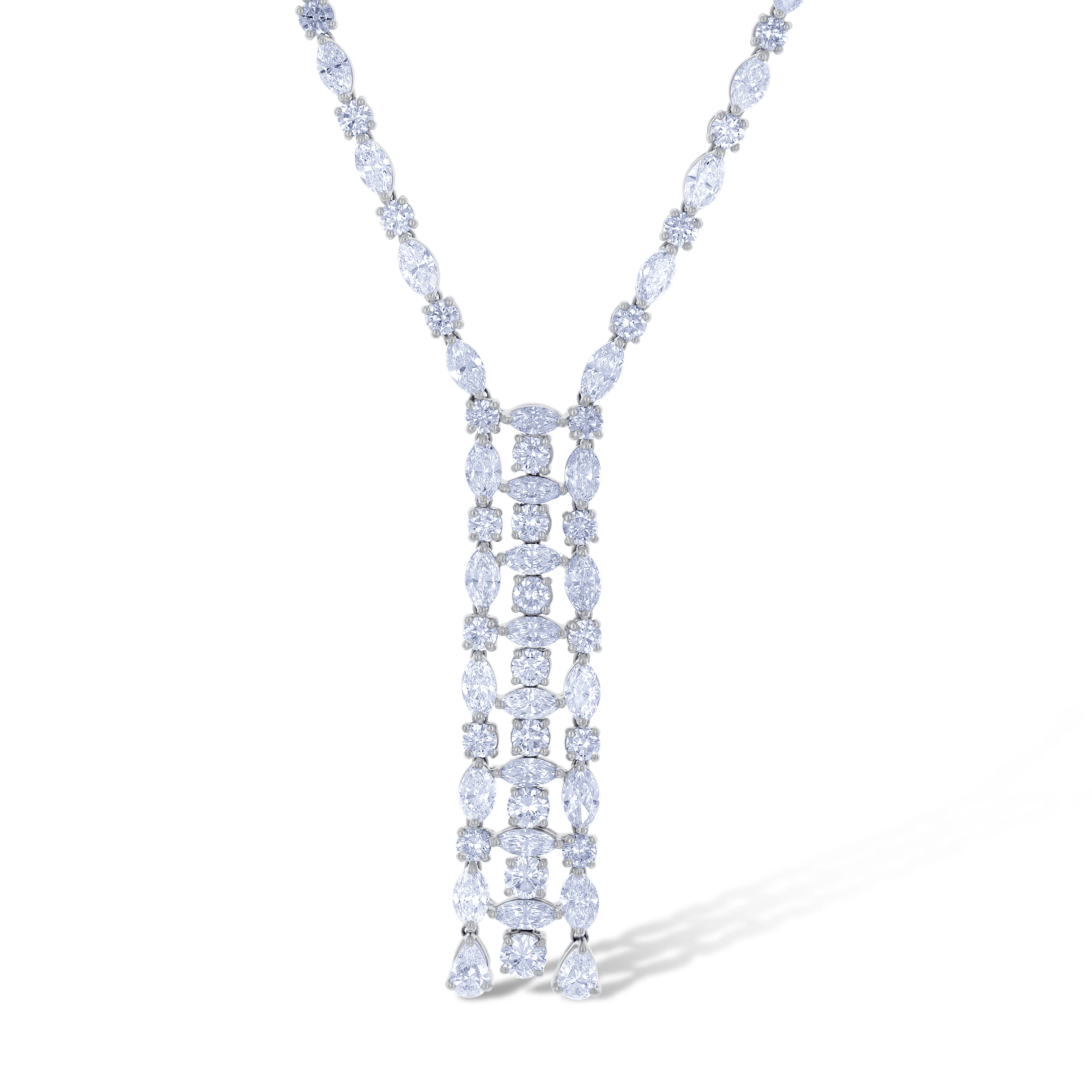 18K White Gold Alternating Diamond With Triple Line Drop Necklace - Image 2