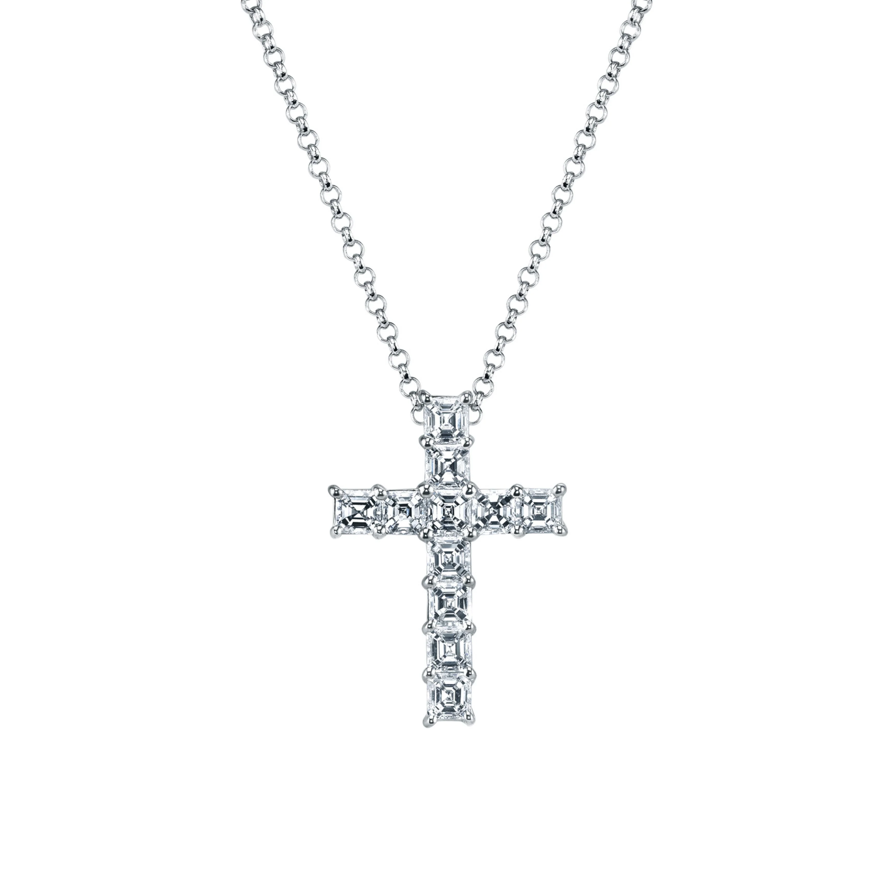 18k White Gold Asscher Diamond Cross Pendant with Chain