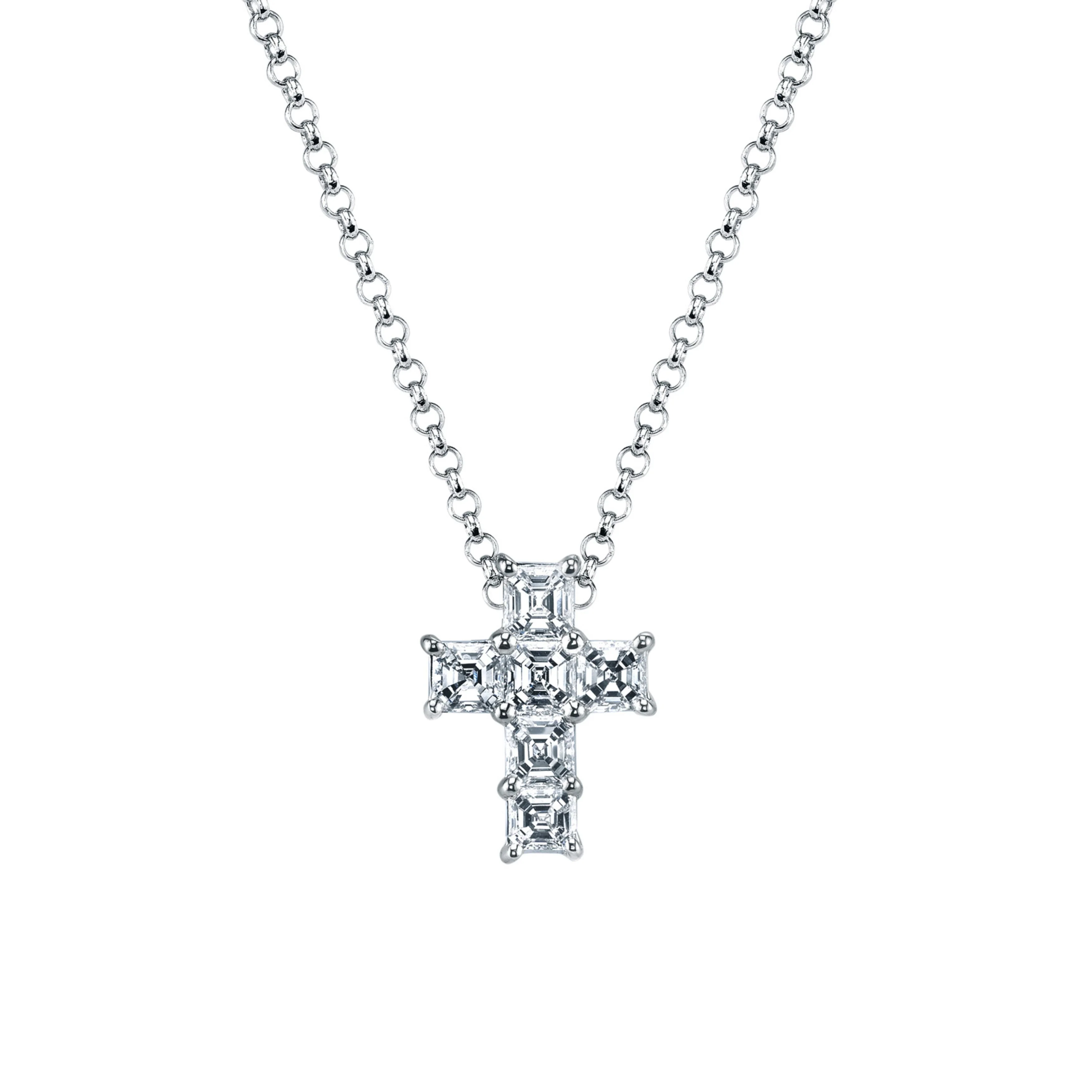 18k White Gold Asscher Diamond Cross Pendant with Chain