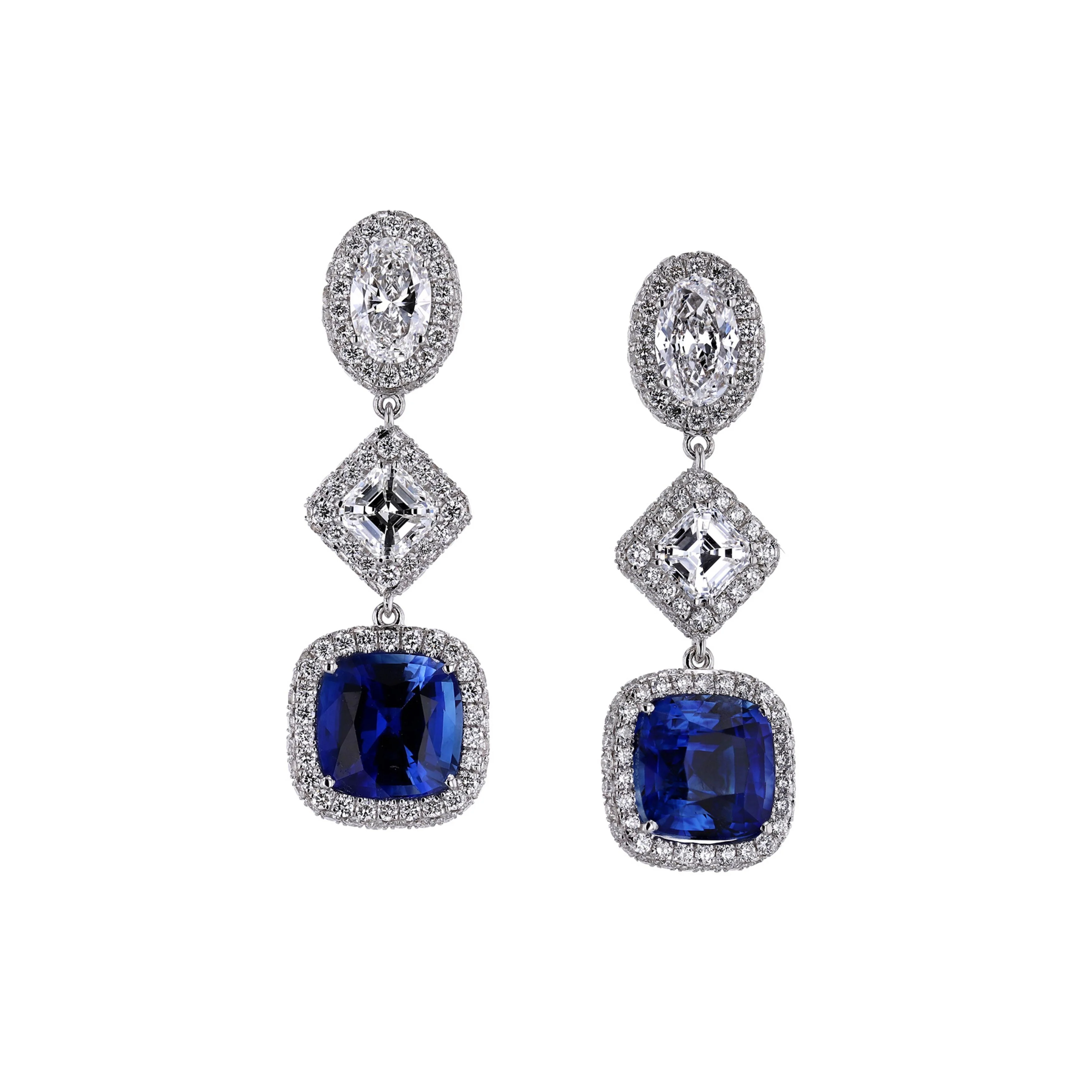 18k White Gold Cushion Sapphire and Multi Shape Diamond Dangle Earrings