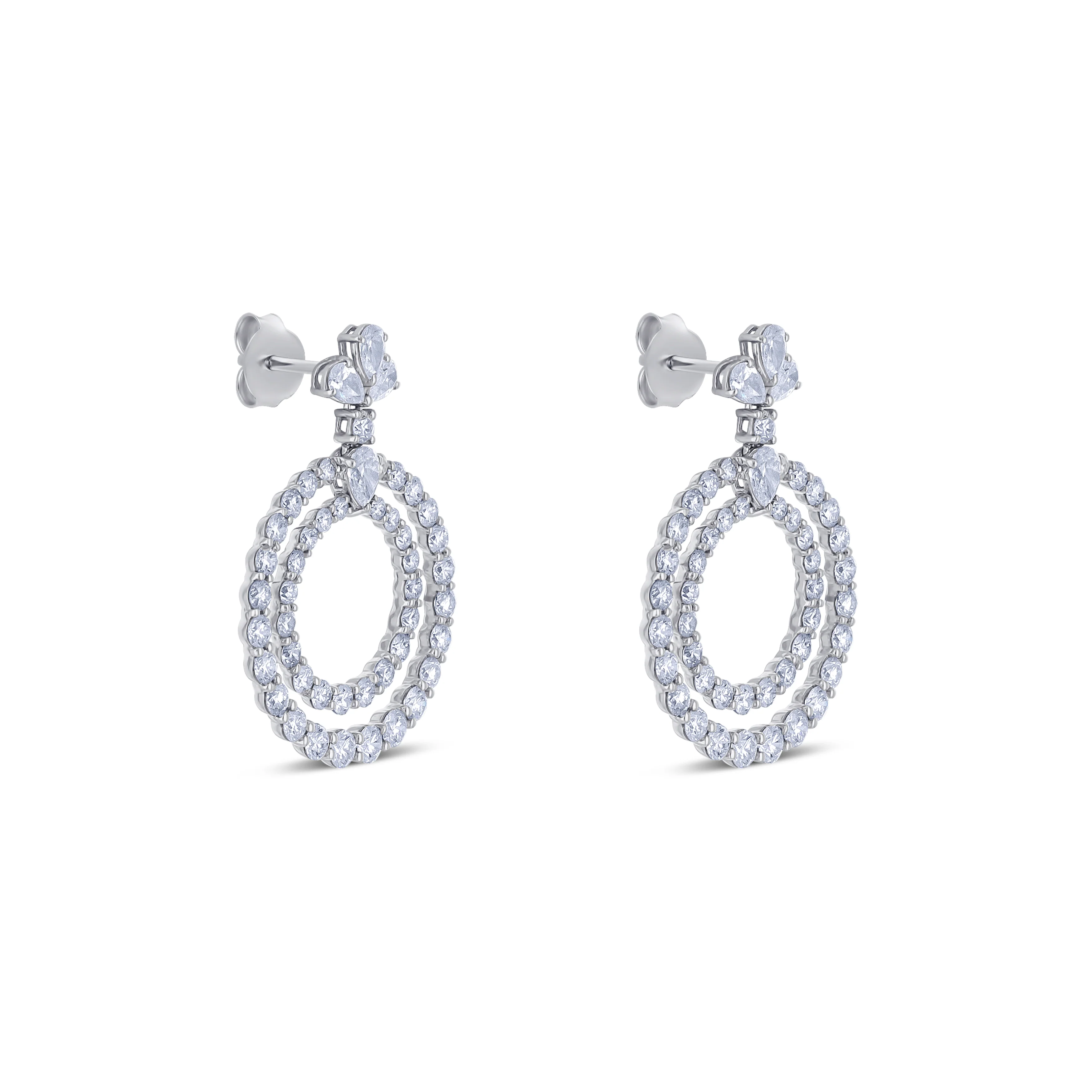 18K White Gold Diamond Double Circle Drop Earrings - Image 2