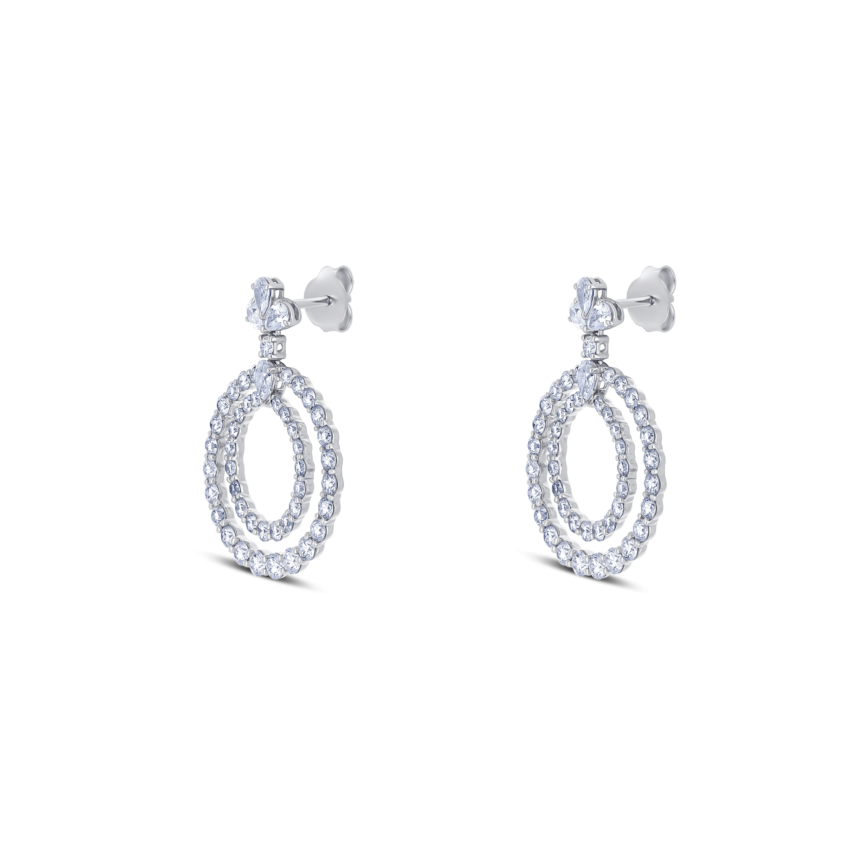 18K White Gold Diamond Double Circle Drop Earrings - Image 3