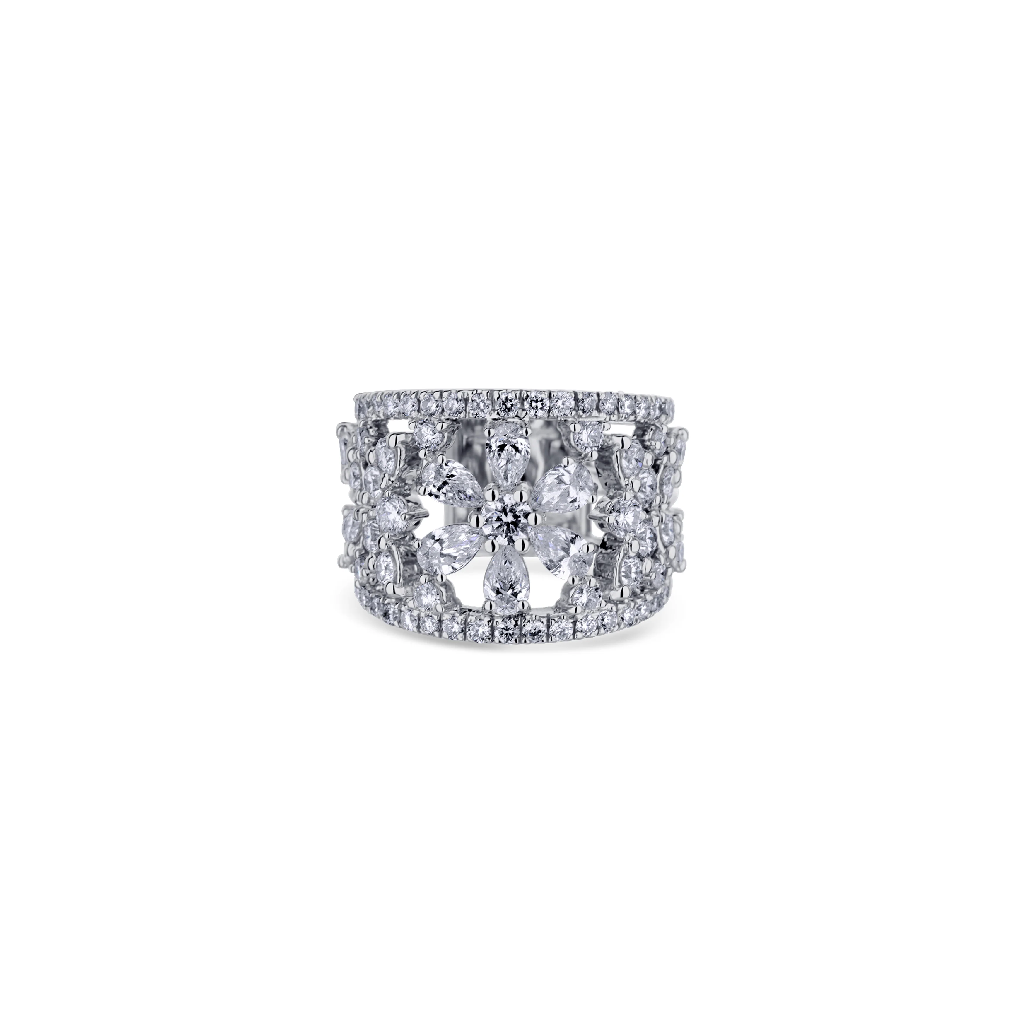 18K White Gold Diamond Three Flower Ring
