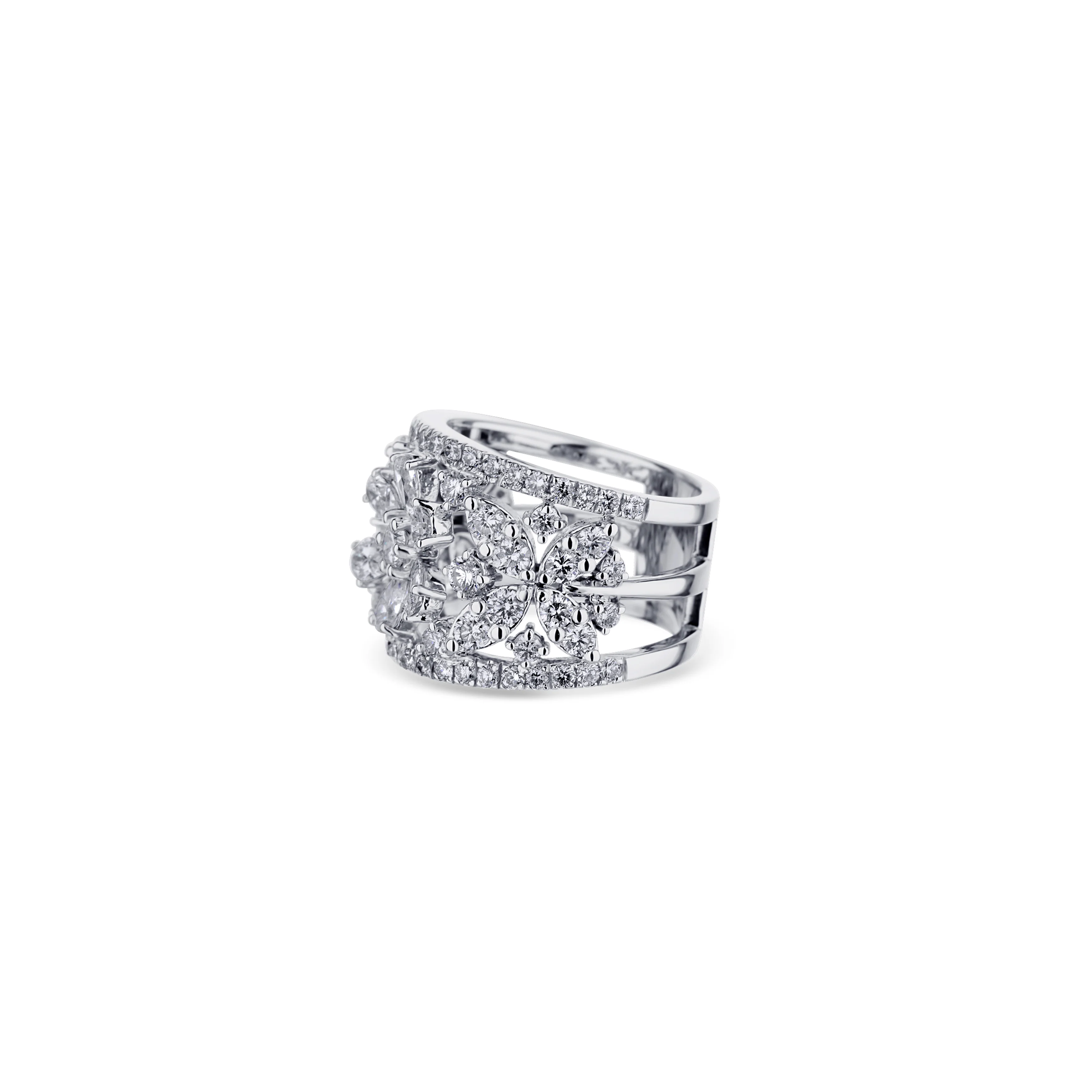 18K White Gold Diamond Three Flower Ring - Image 2