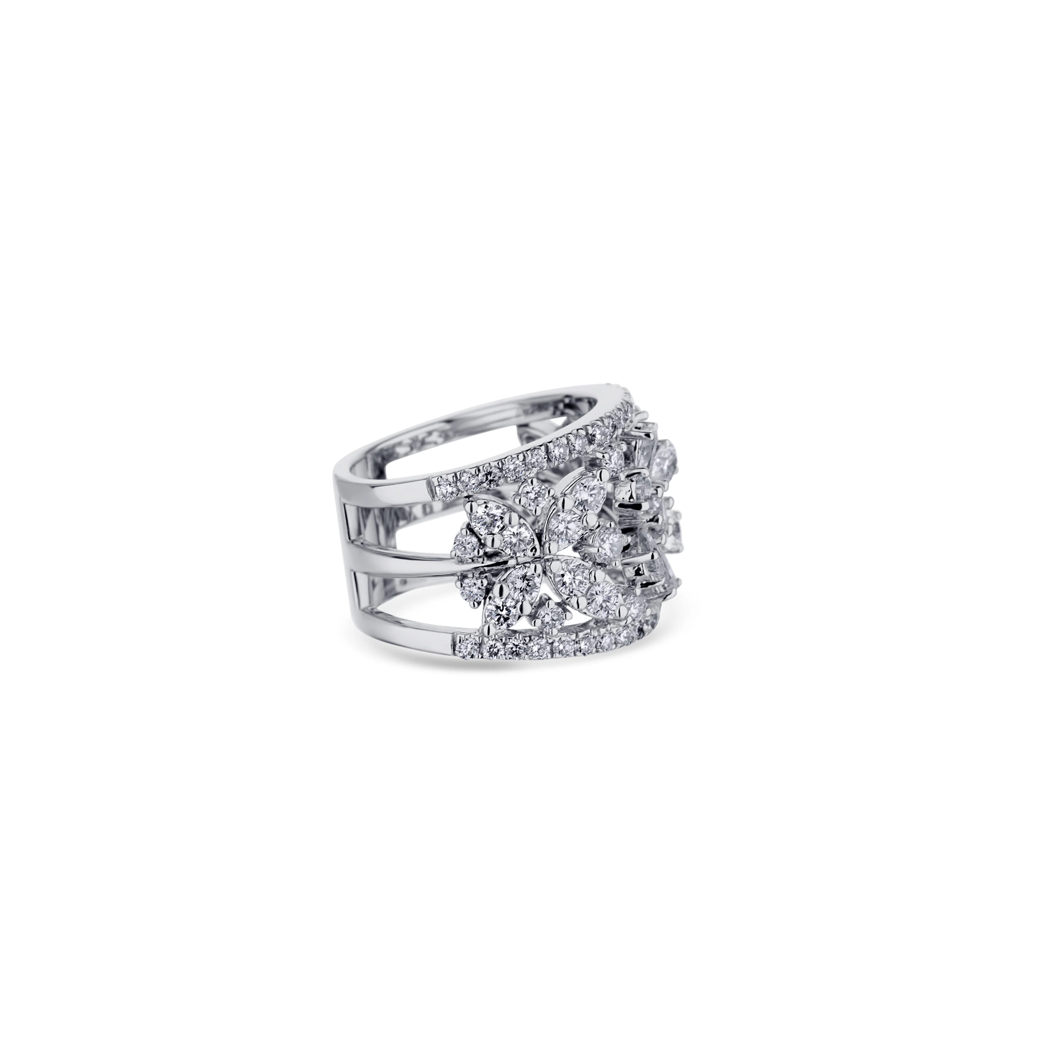 18K White Gold Diamond Three Flower Ring - Image 3