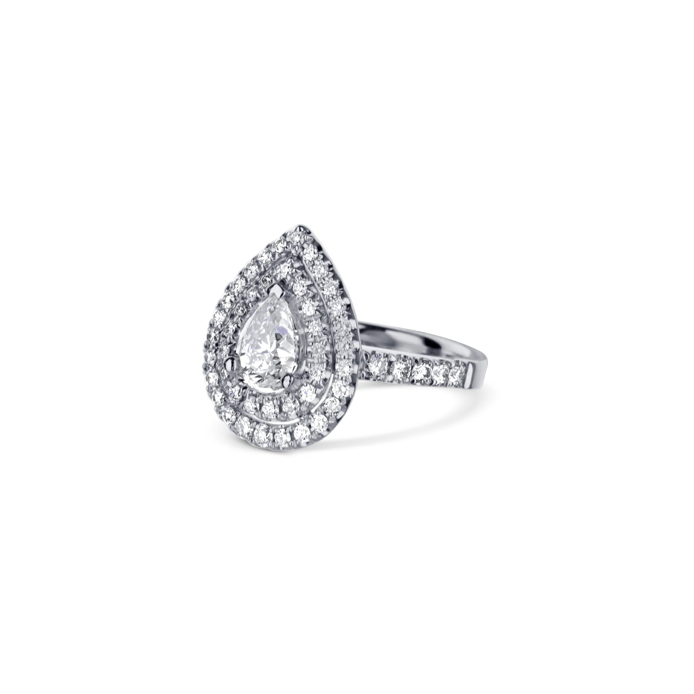 18K White Gold Double Halo Pear Diamond Engagement Ring - Image 2