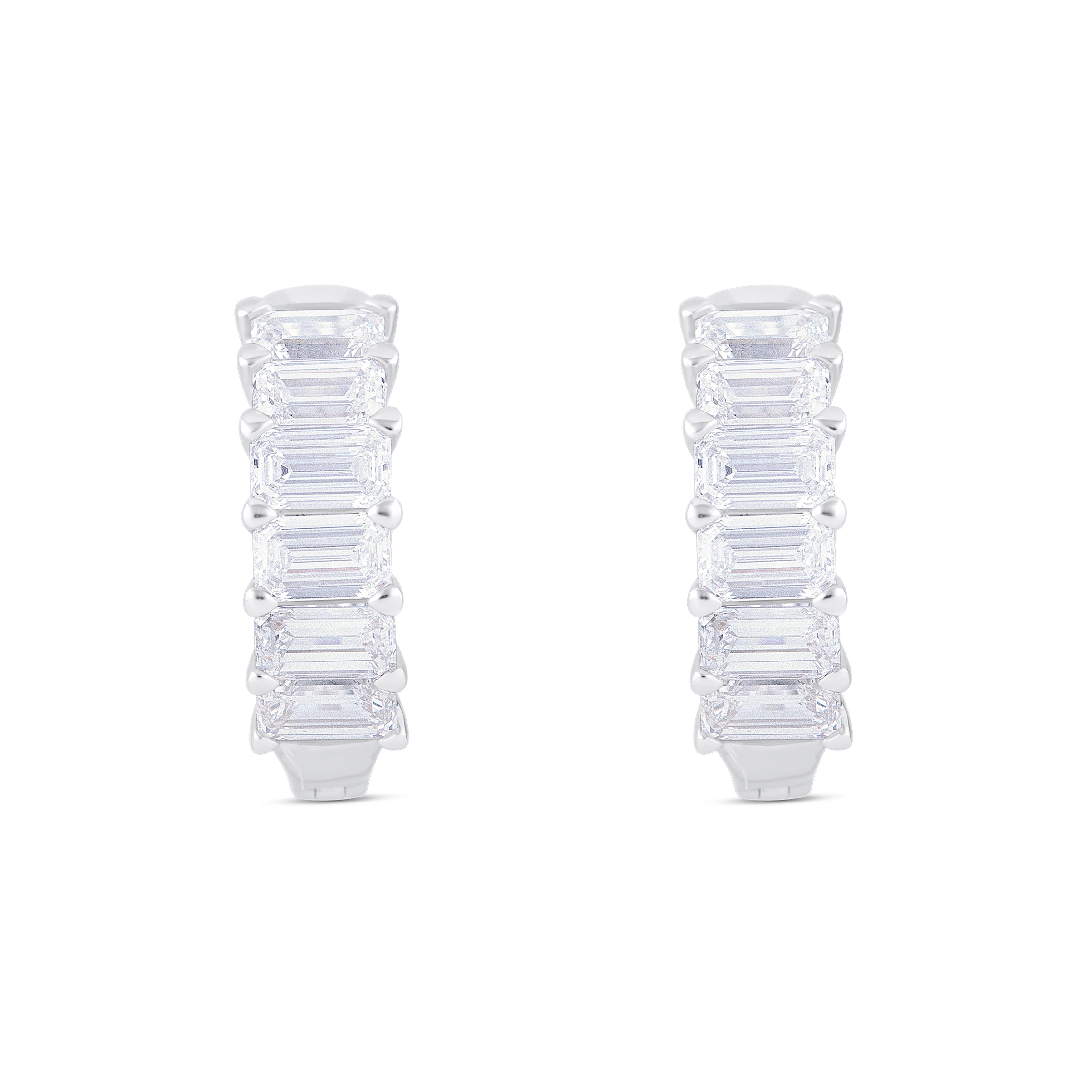 18K White Gold Emerald and Emerald Cut Diamond Huggie Earrings