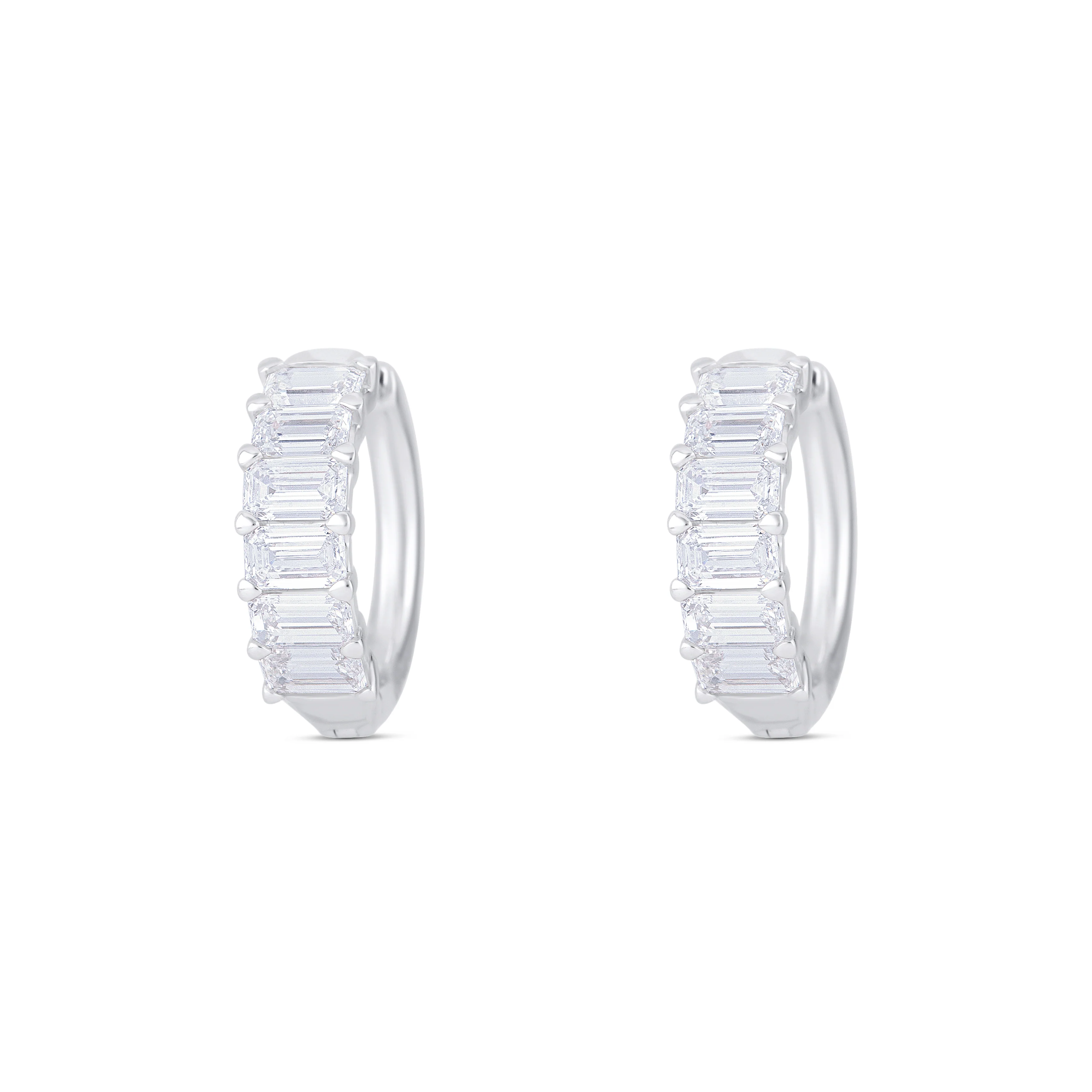 18K White Gold Emerald and Emerald Cut Diamond Huggie Earrings - Image 2