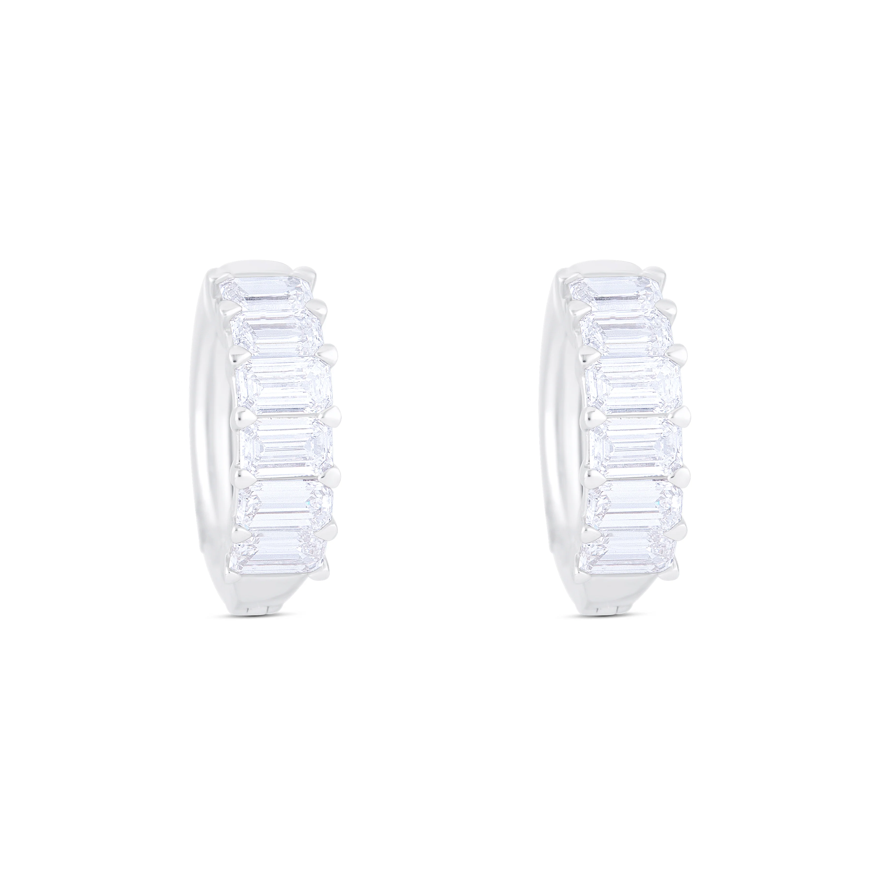 18K White Gold Emerald and Emerald Cut Diamond Huggie Earrings - Image 3