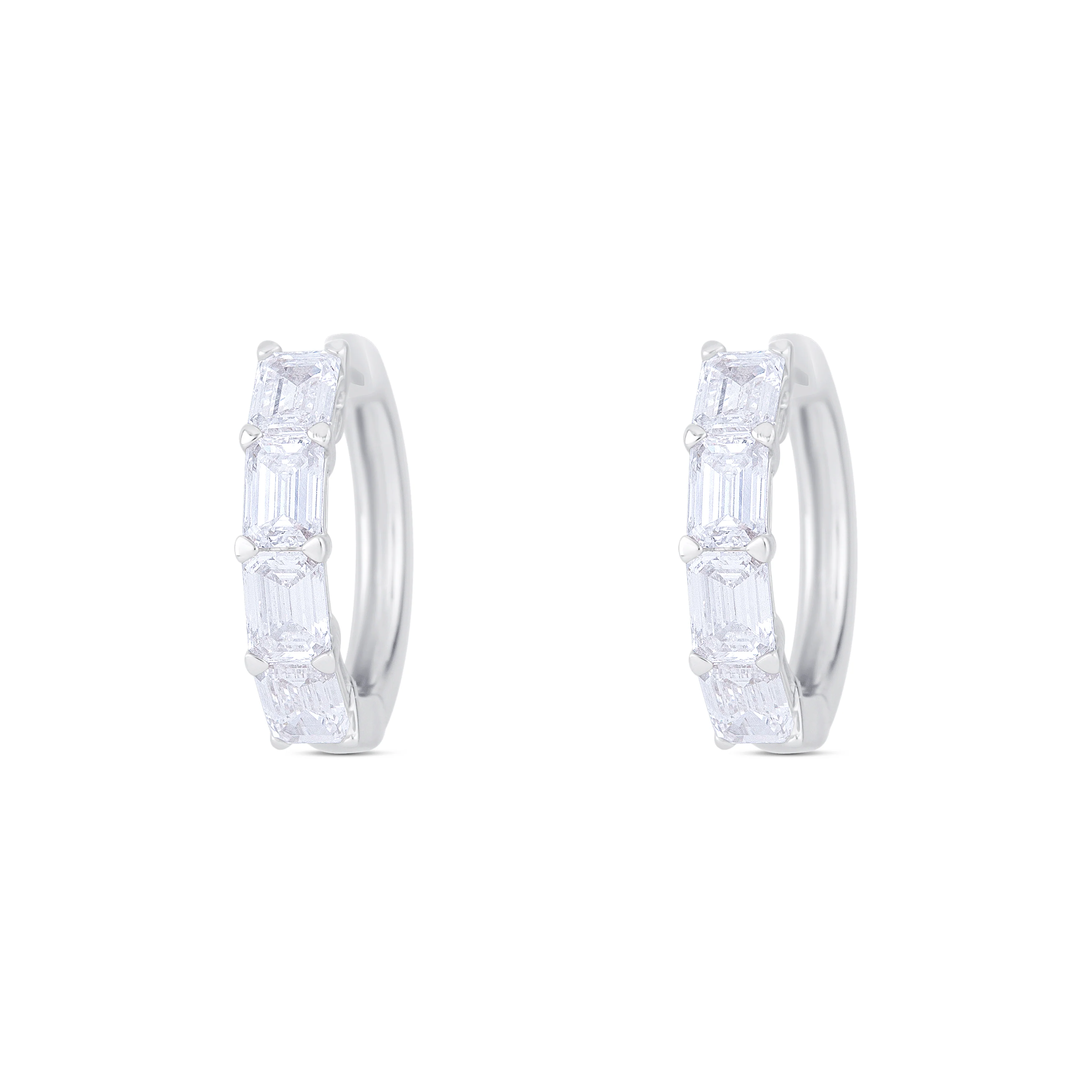 18K White Gold Emerald and Emerald Cut Diamond Huggie Earrings - Image 2