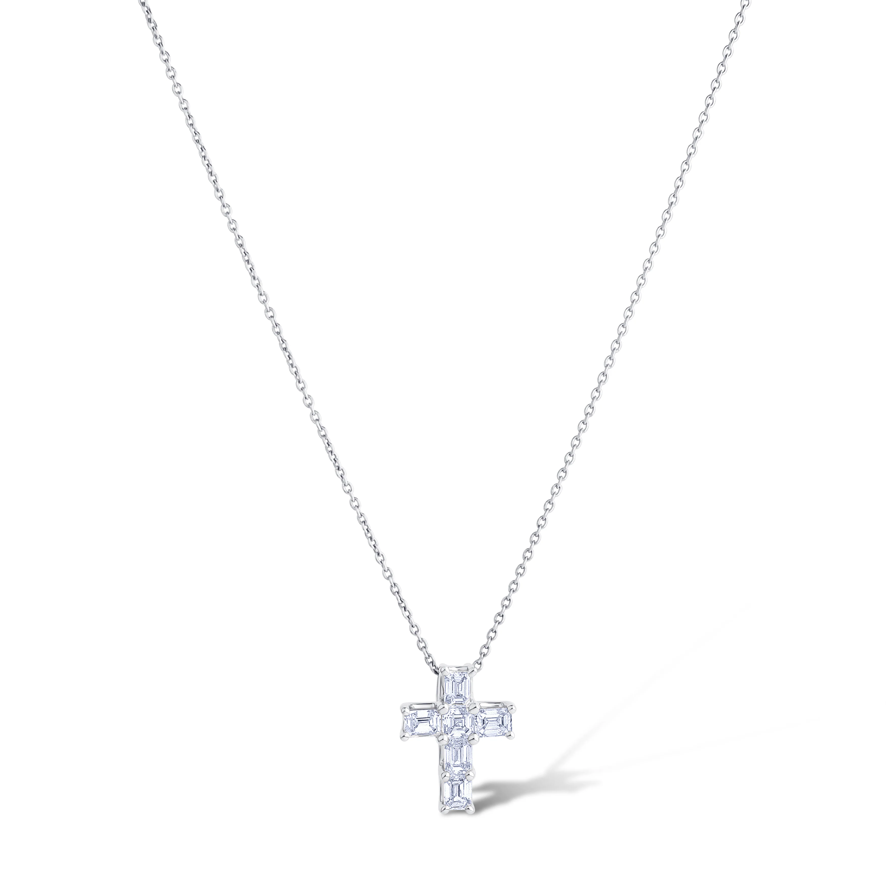 18K White Gold Emerald Cut Diamond Cross Chain