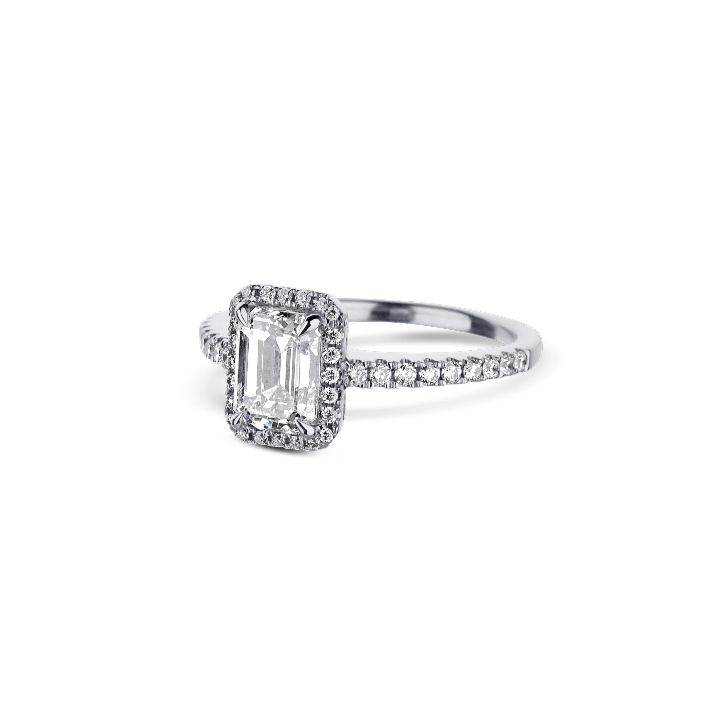 18K White Gold Emerald Cut Diamond Halo Engagement Ring - Image 2