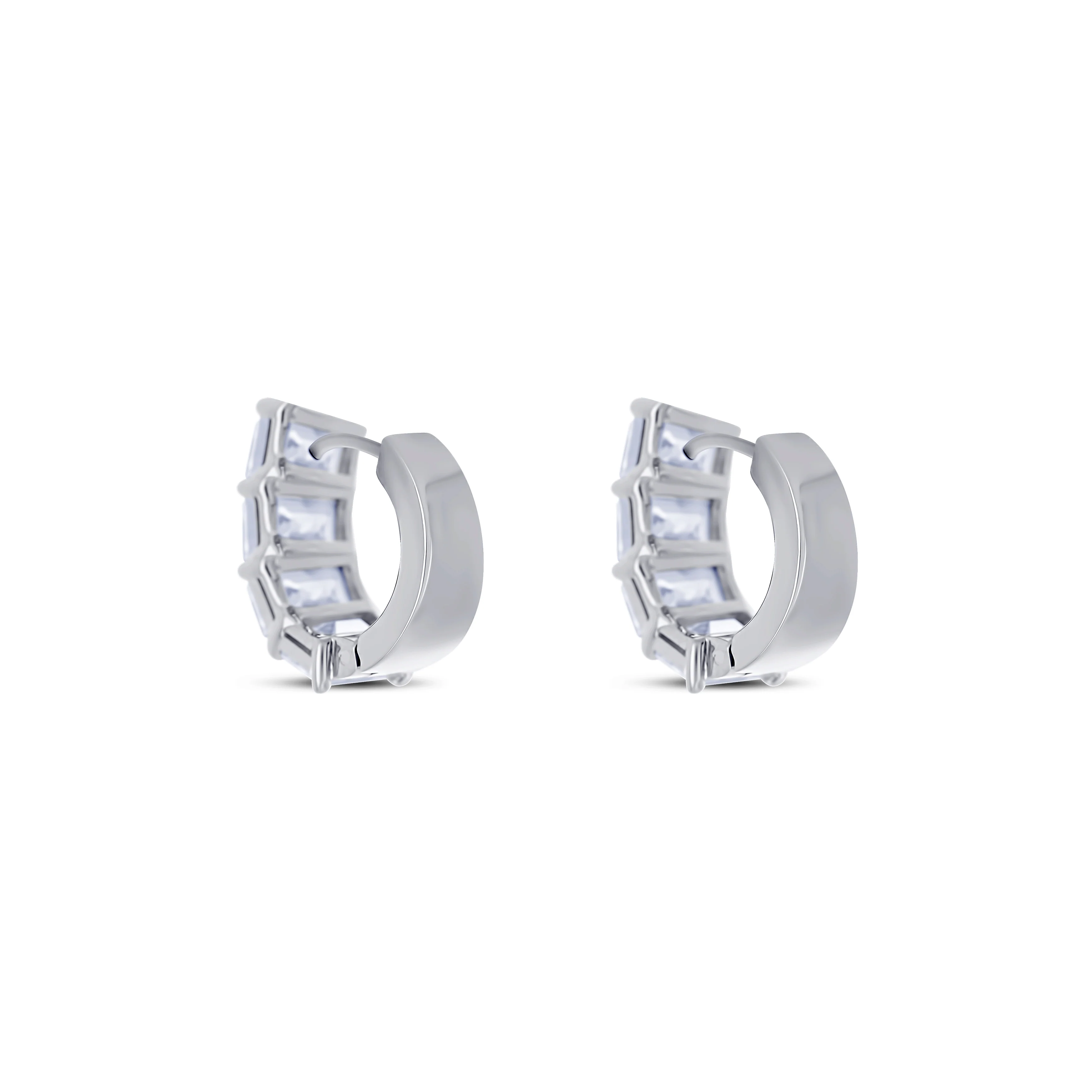 18K White Gold Emerald Cut Diamond Huggie Earrings - Image 4