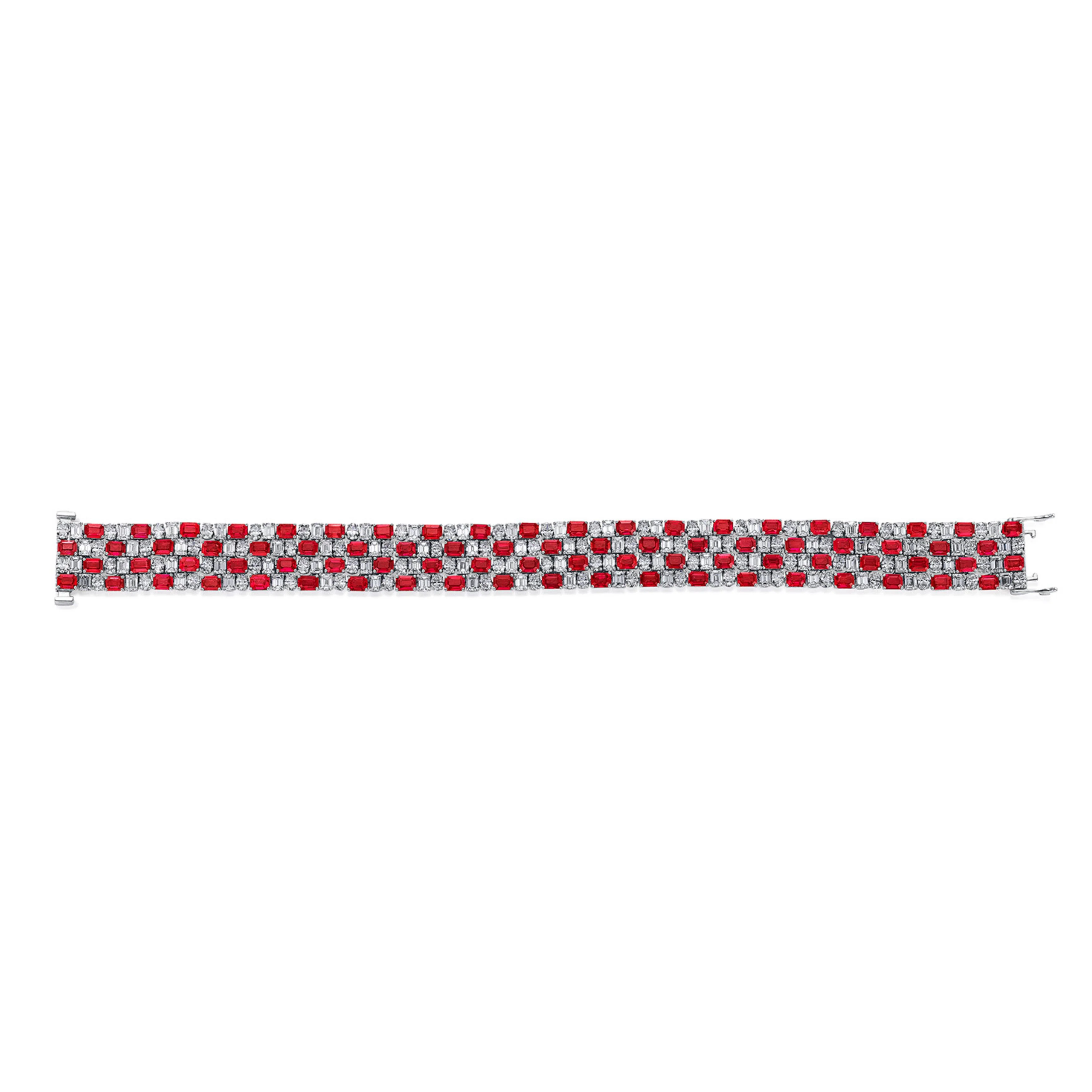 18k White Gold Emerald Shape Ruby and Multi Shape Diamond Four Row Bracelet - Image 2