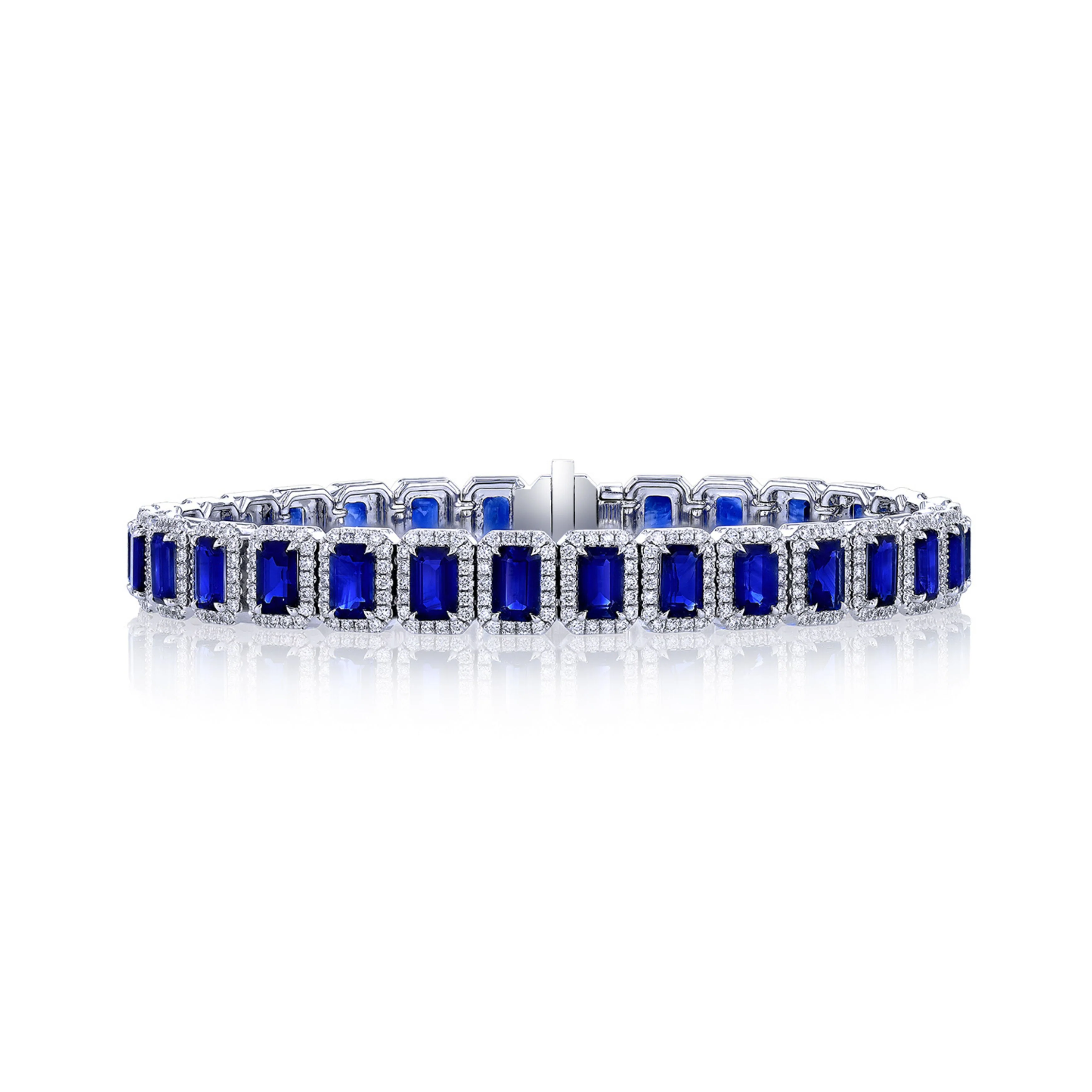 18k White Gold Emerald Shape Sapphire Diamond Halo Bracelet