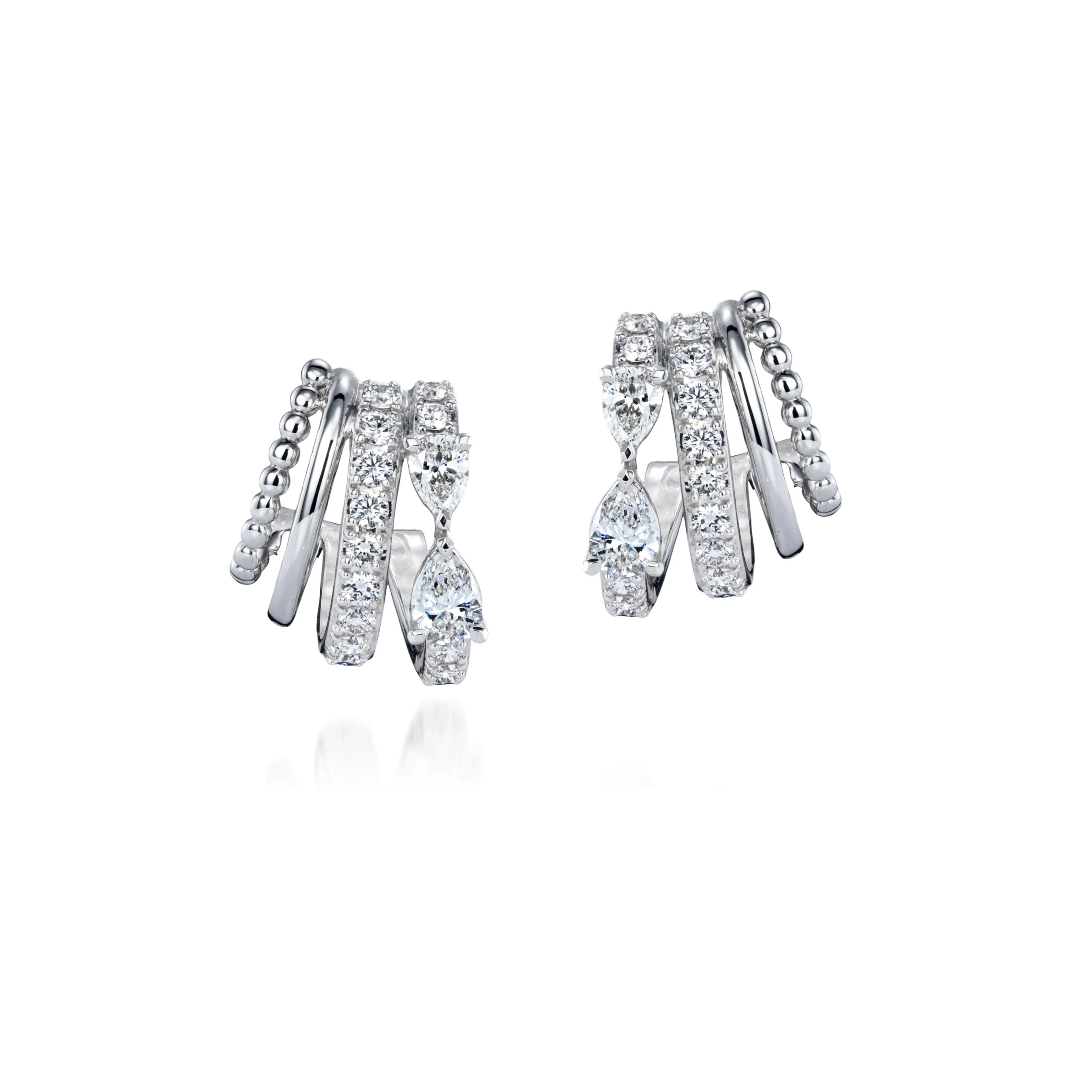 18k White Gold Multi Shape Diamond Four Row Huggie Earrings