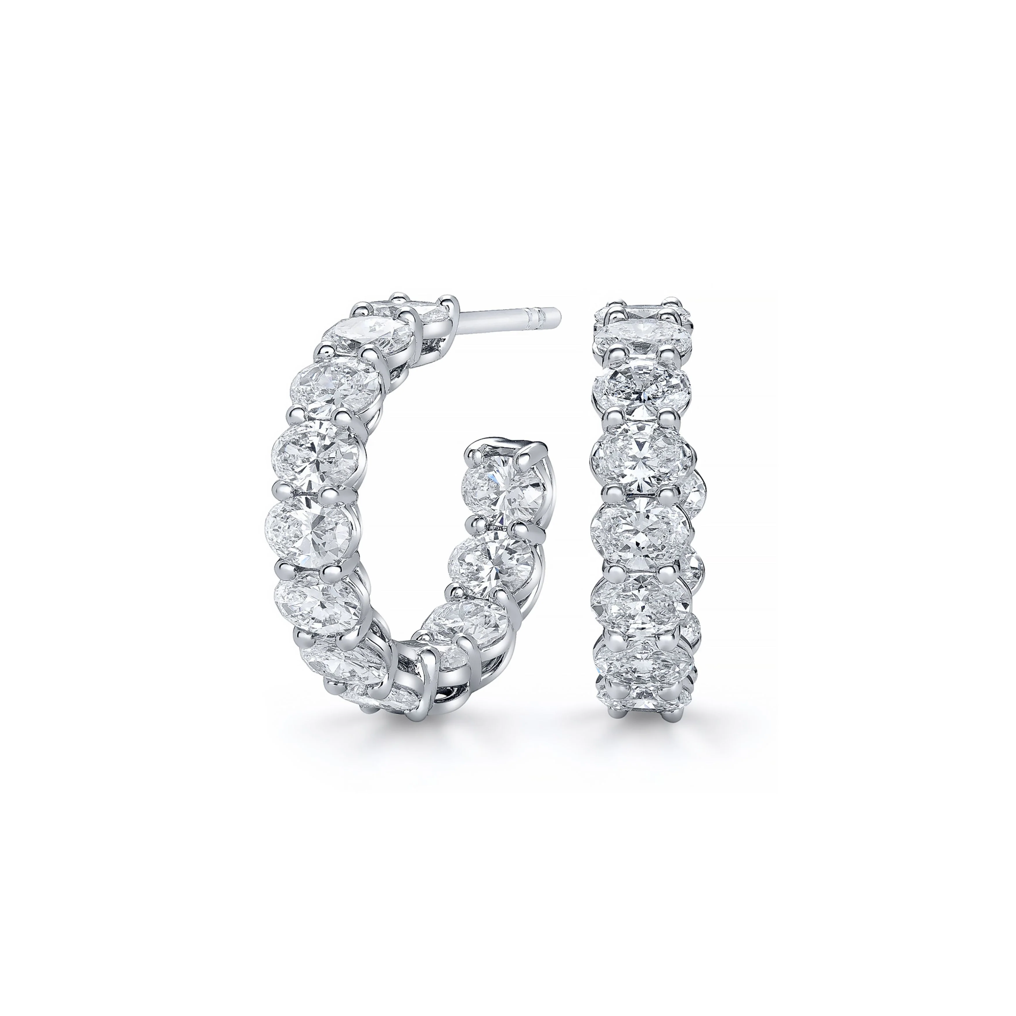 18k White Gold Oval Diamond Inside-Outside East-West Hoop Earrings