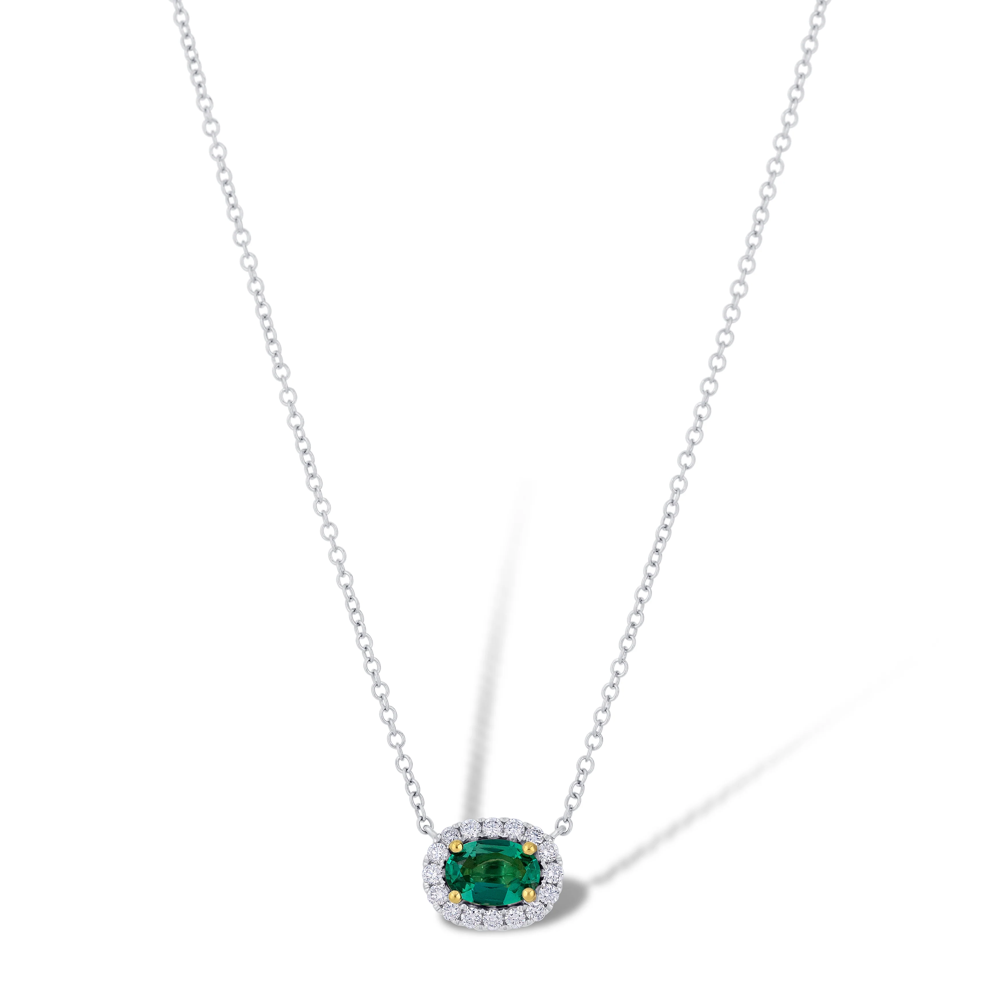 18K White Gold Oval Emerald and Multi Shape Diamond Pendant Necklace