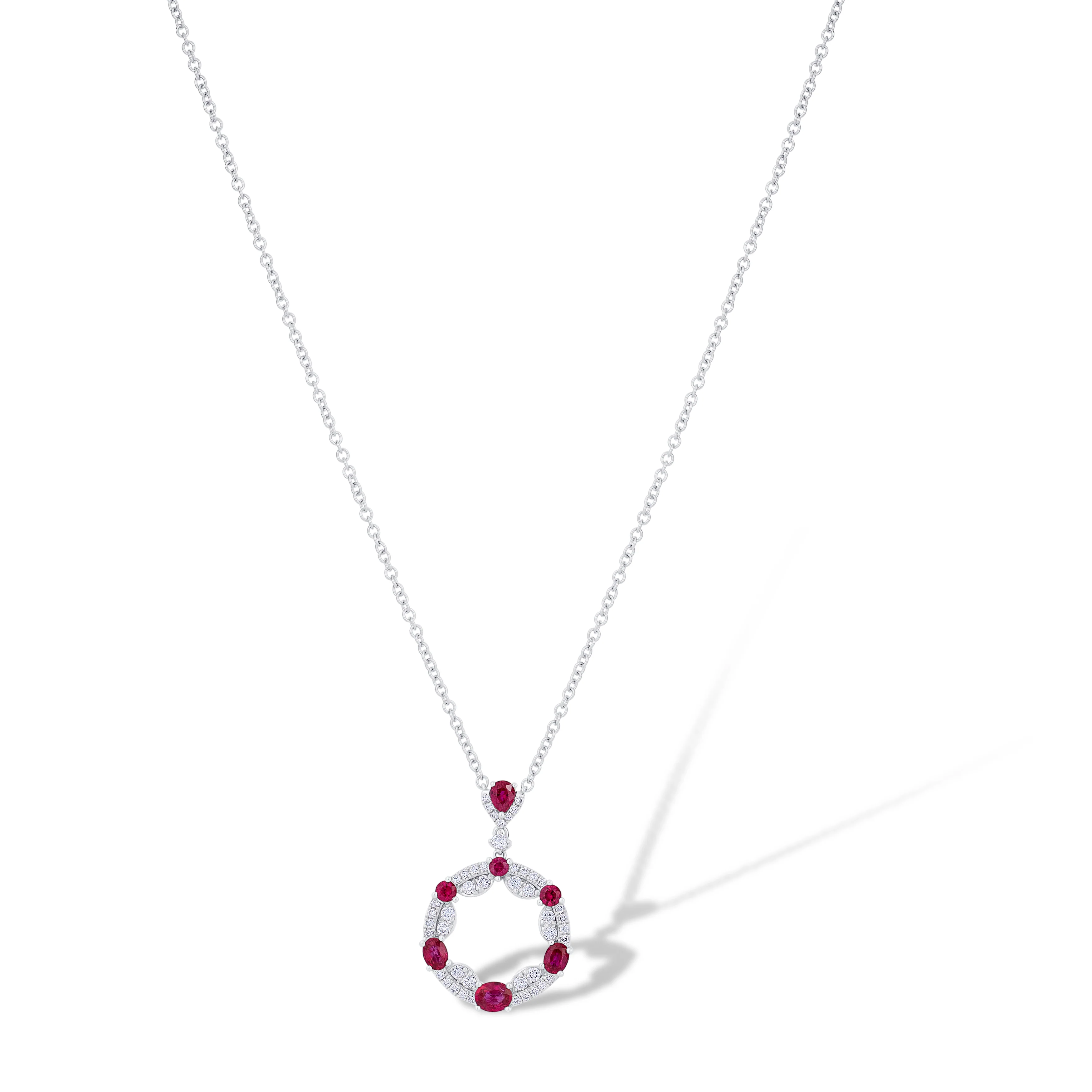 18K White Gold Oval Ruby and Multi Shape Diamond Pendant Necklace - Image 2