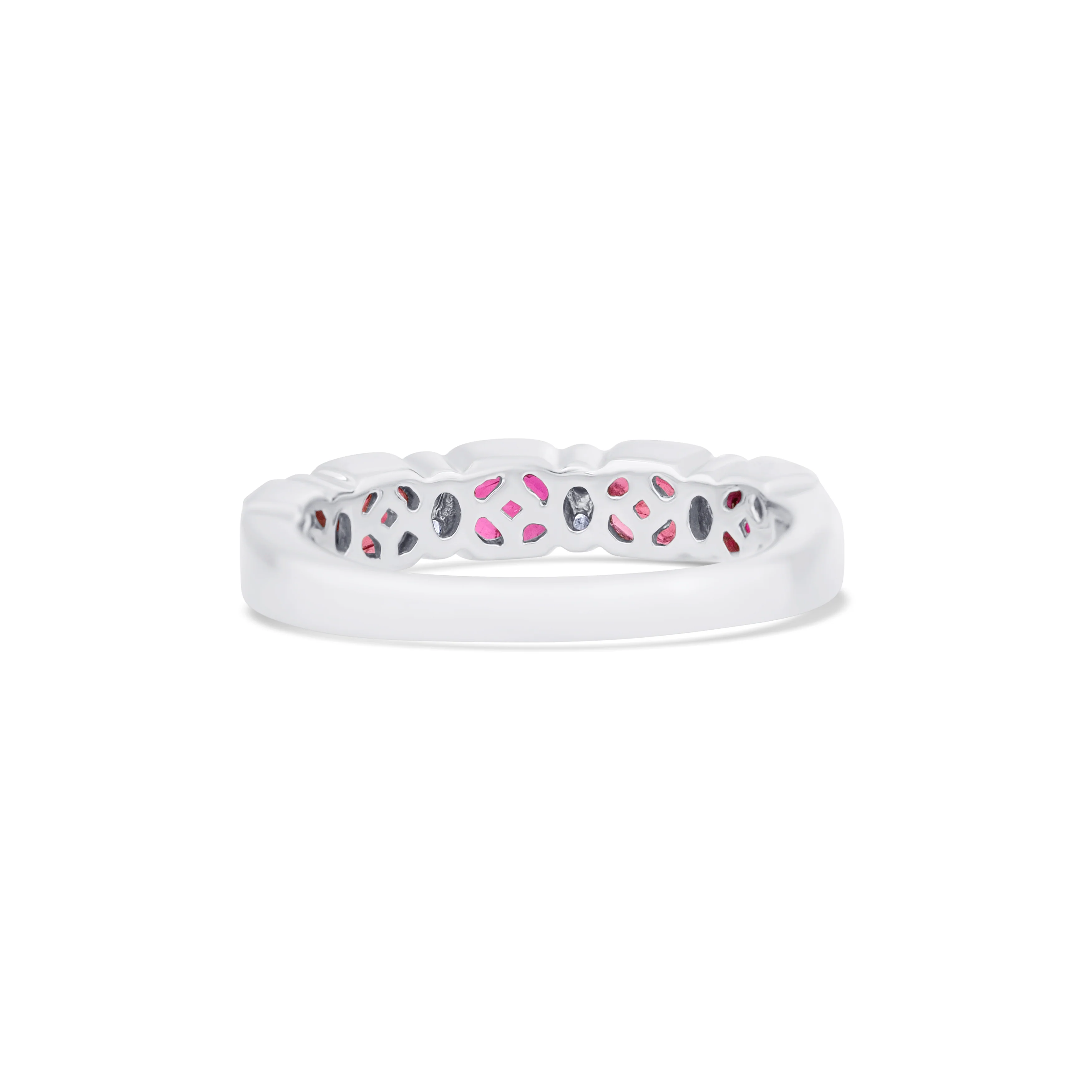 18K White Gold Oval Ruby and Multi Shape Diamond Wedding Band - Image 4