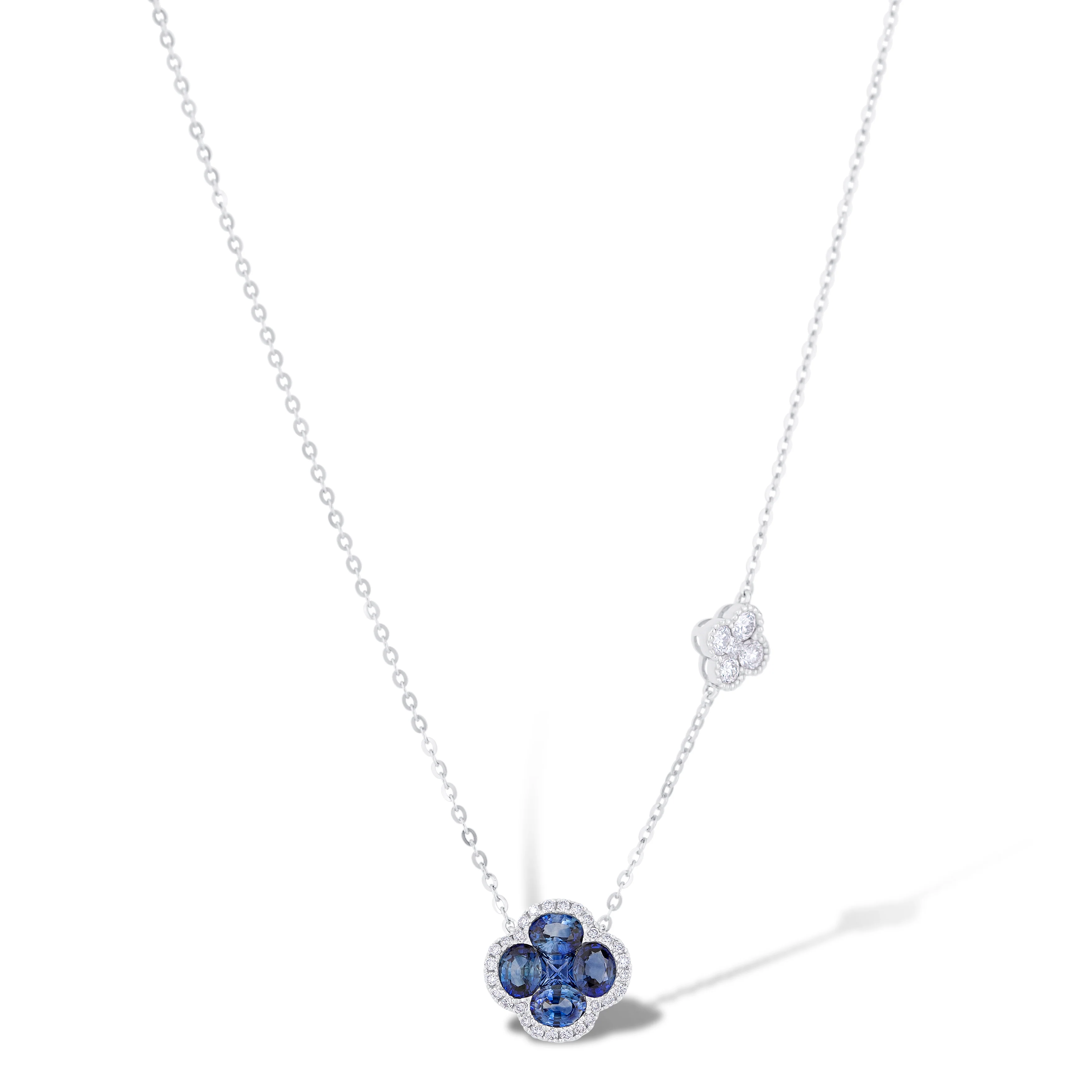 18K White Gold Sapphire & Diamond Clover Necklace