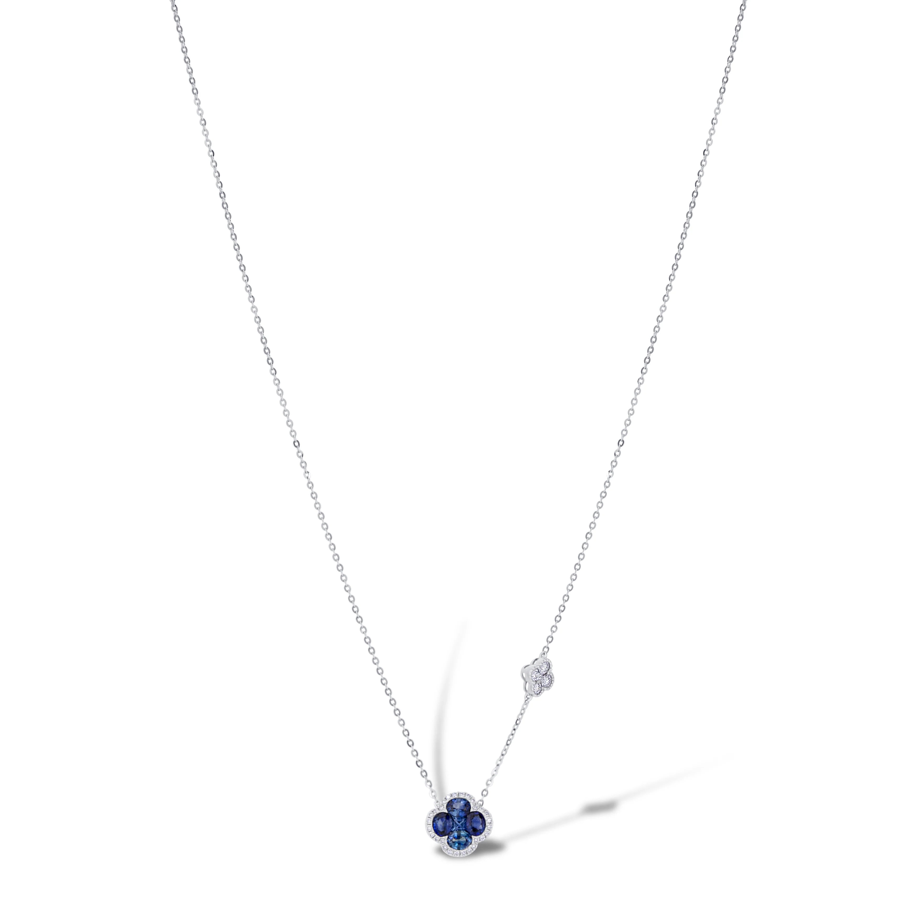 18K White Gold Sapphire & Diamond Clover Necklace - Image 2
