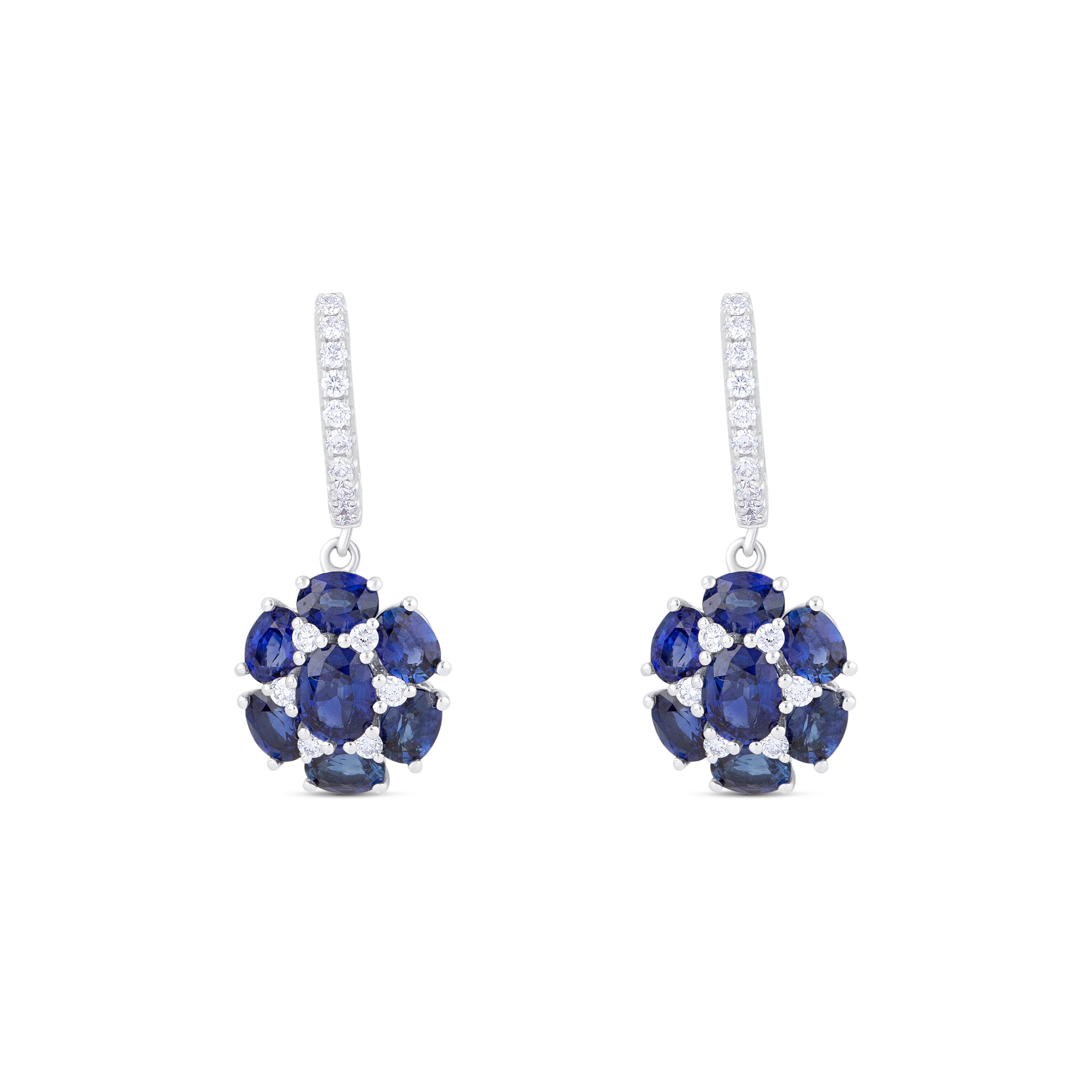 18K White Gold Oval Sapphire and Multi Shape Diamond Drop Earrings