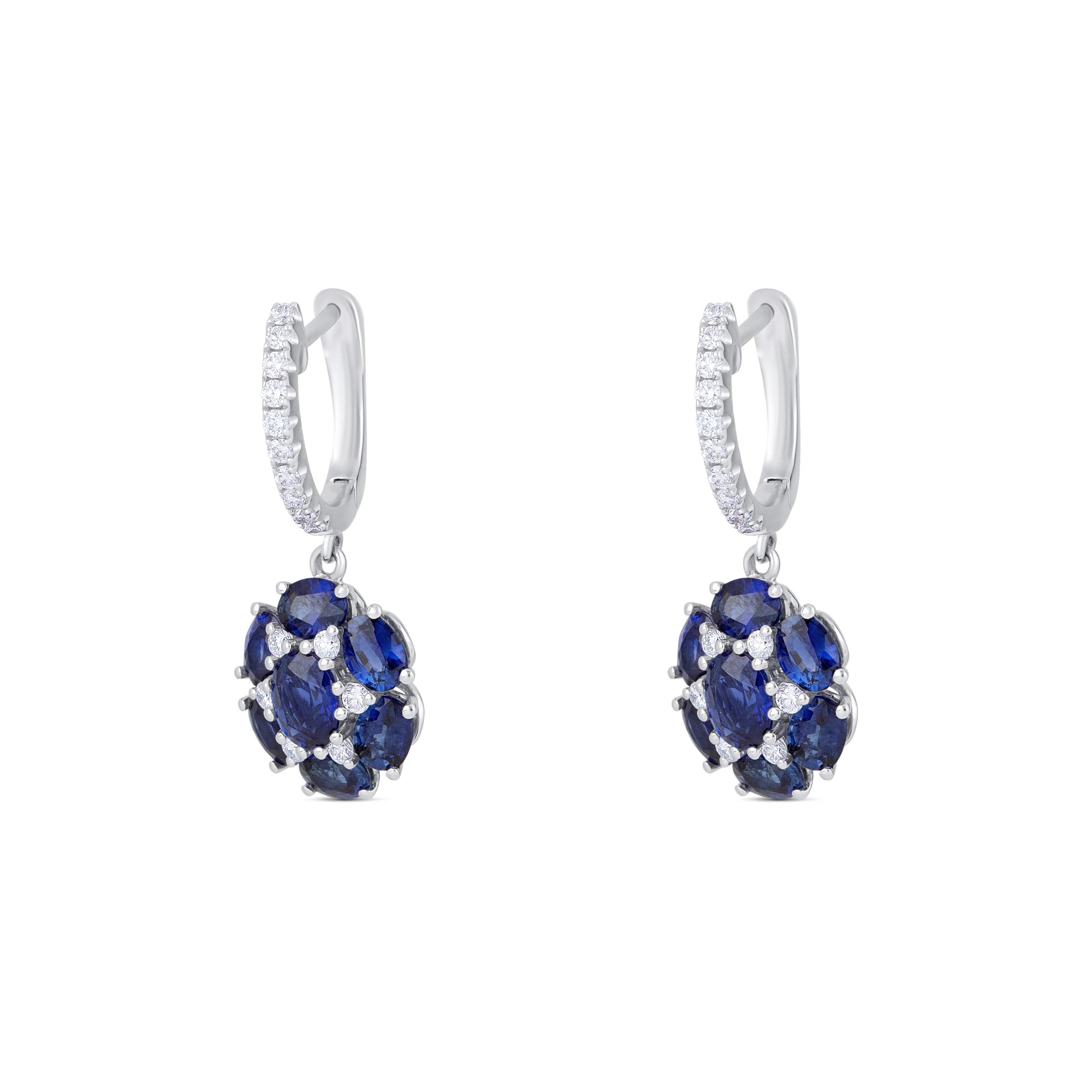 18K White Gold Oval Sapphire and Multi Shape Diamond Drop Earrings - Image 2