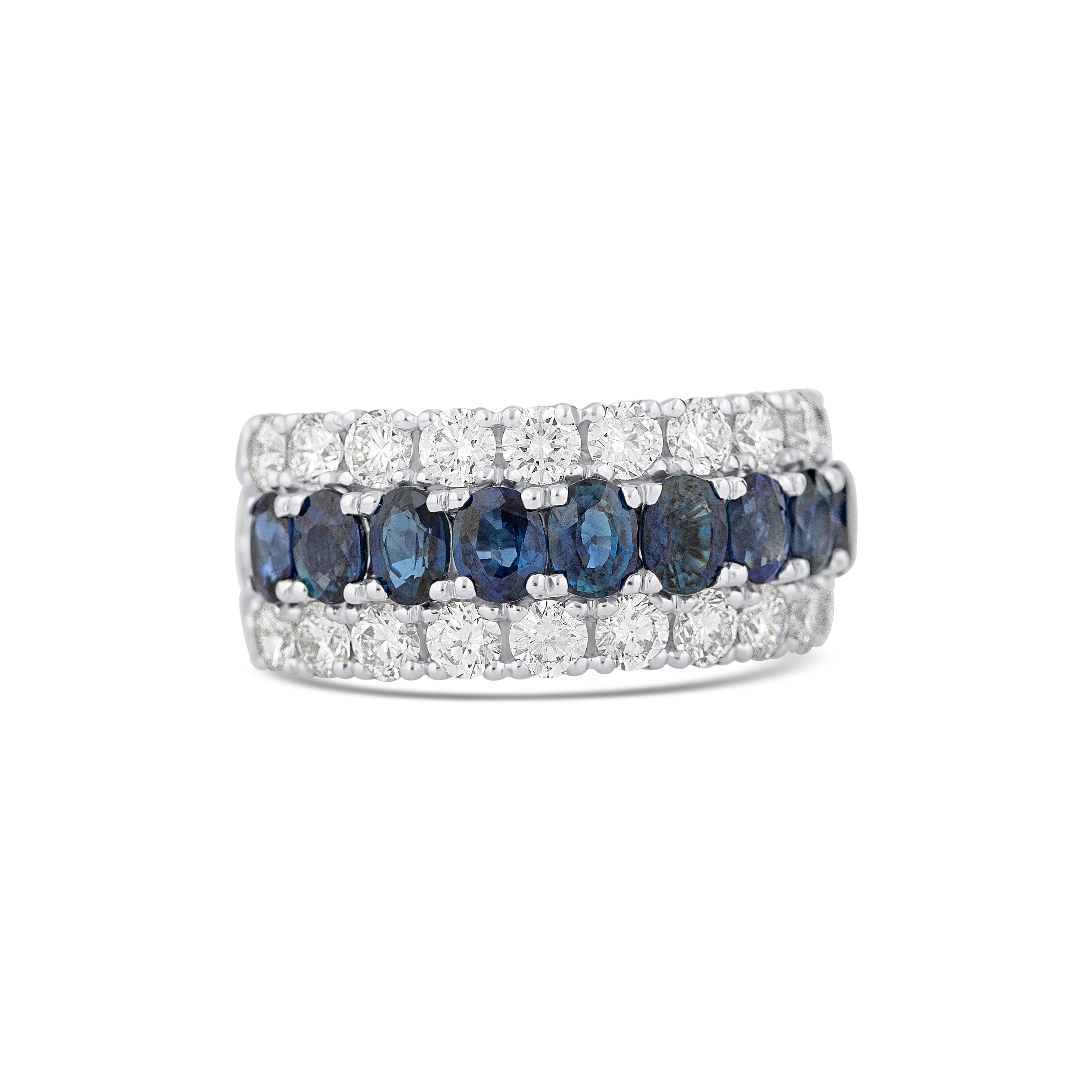 18K White Gold Oval Sapphire and Multi Shape Diamond Wedding Band