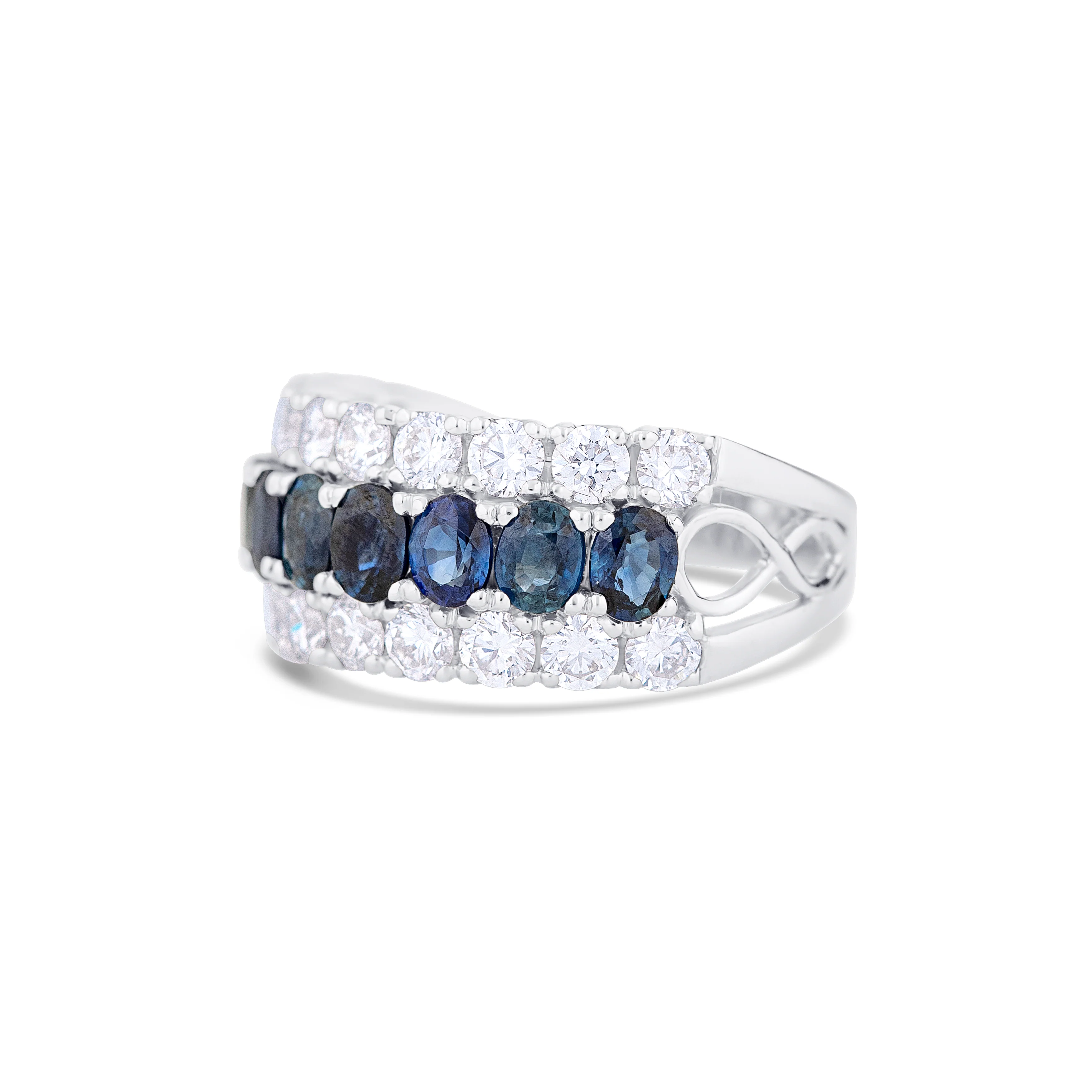 18K White Gold Oval Sapphire and Multi Shape Diamond Wedding Band - Image 2
