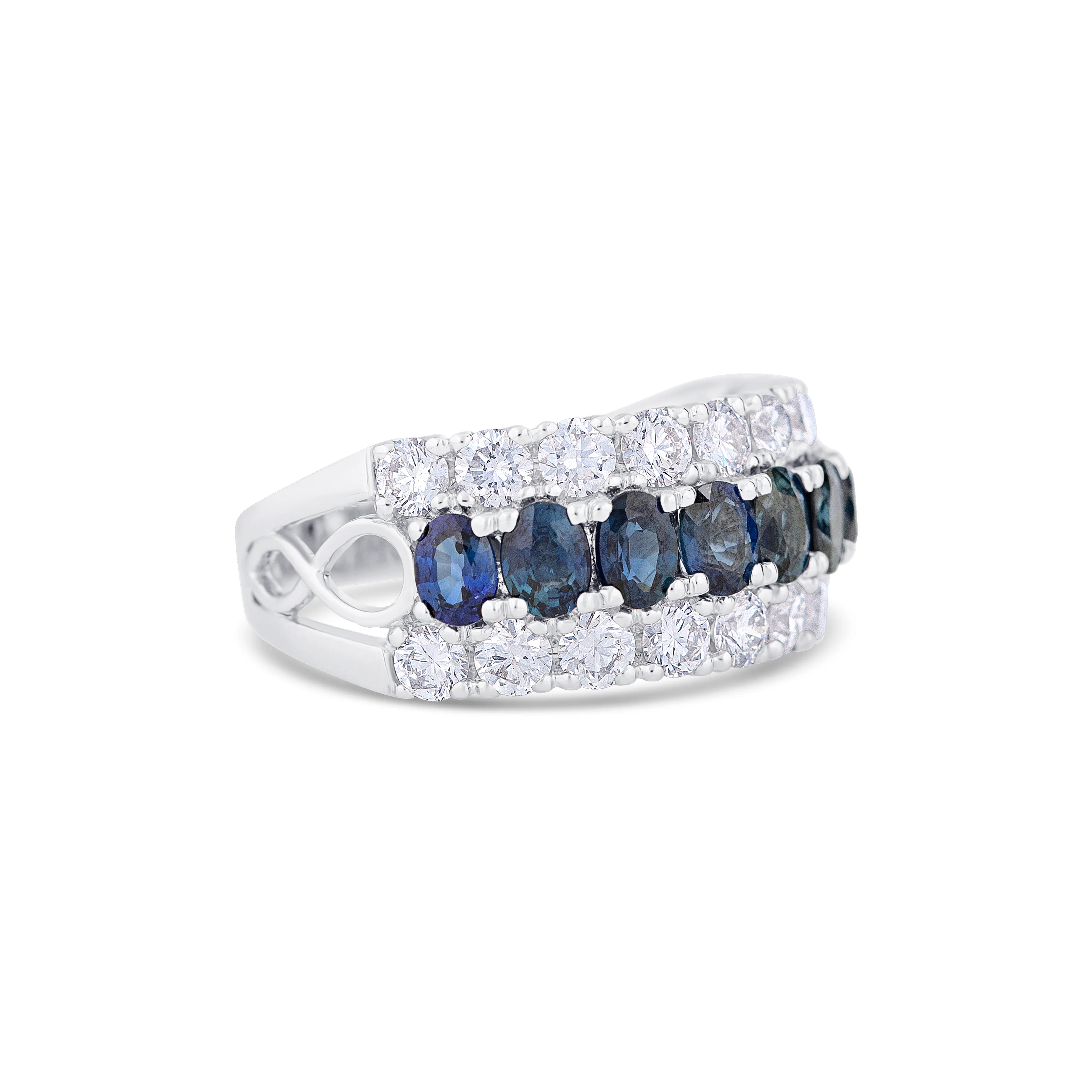 18K White Gold Oval Sapphire and Multi Shape Diamond Wedding Band - Image 3