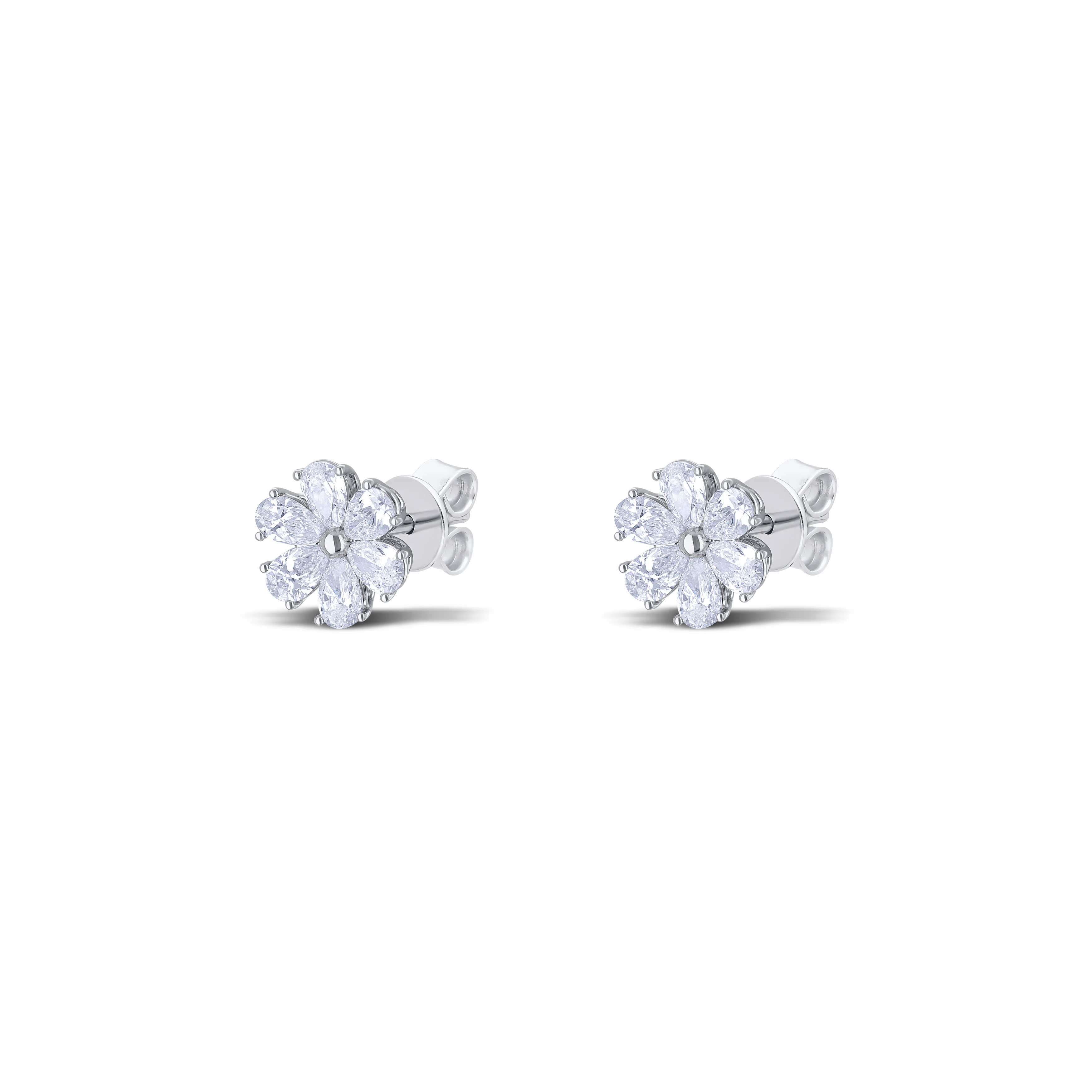 18K White Gold Pear Diamond Flower Post Earrings - Image 2