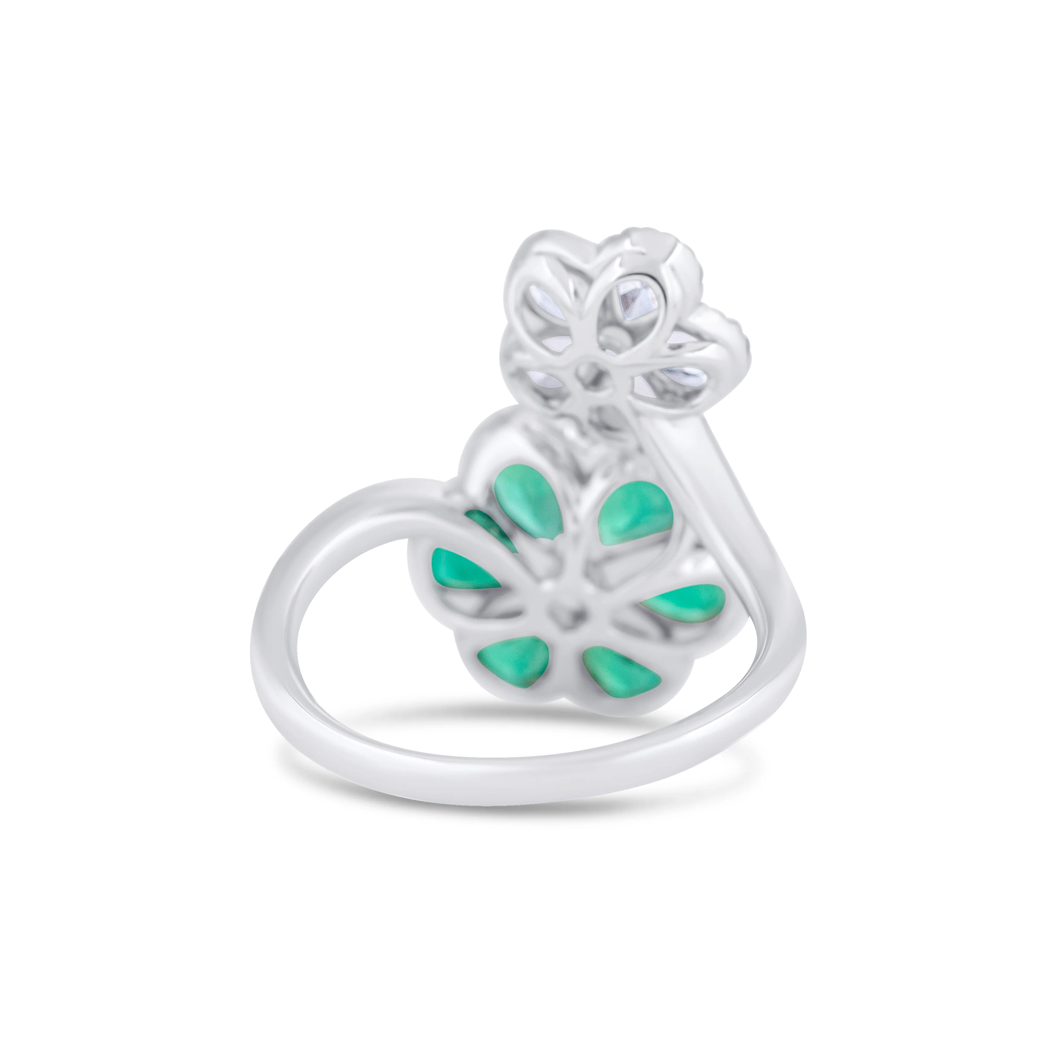 18K White Gold Pear Emerald and Multi Shape Diamond Flower Ring - Image 4