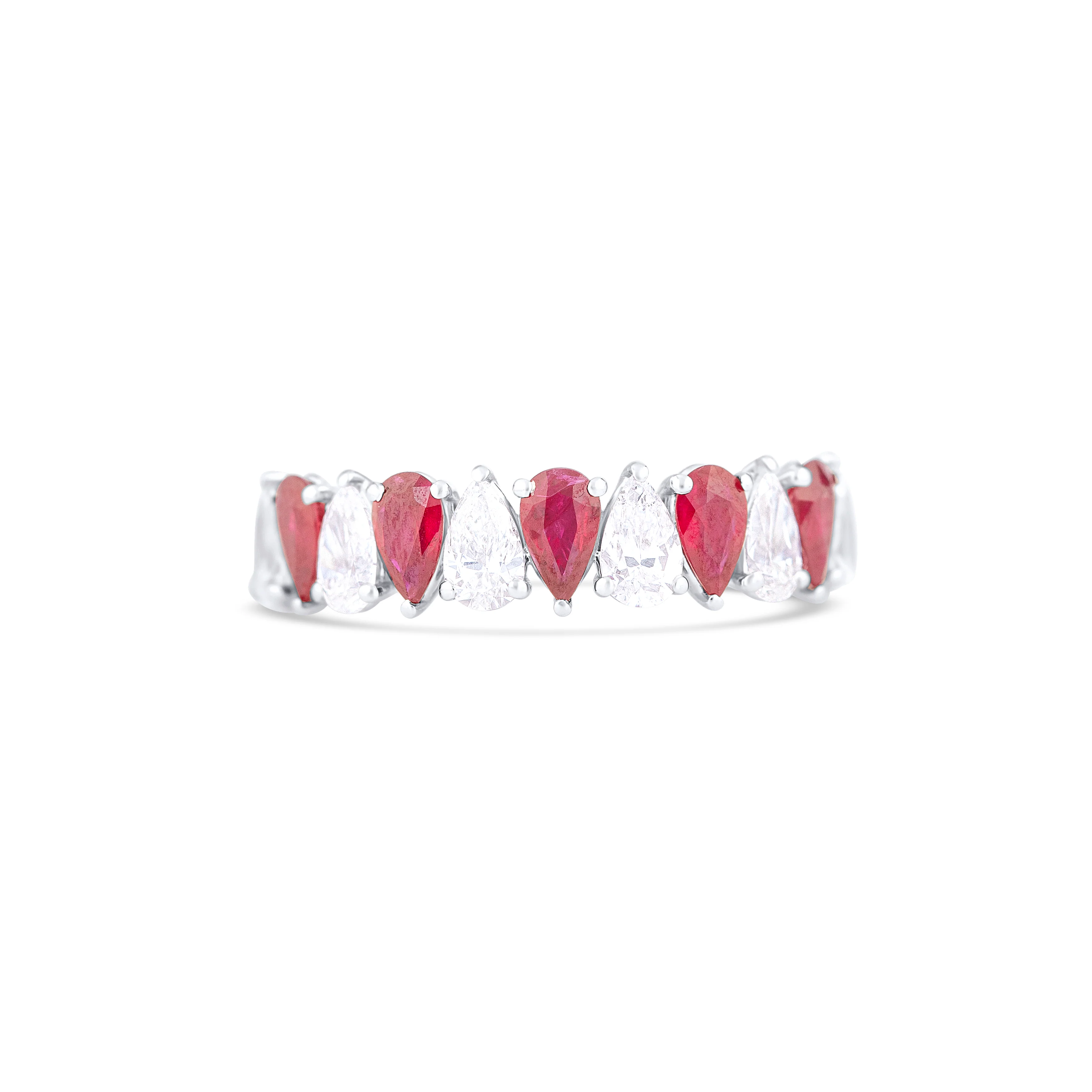 18K White Gold Pear Ruby and Pear Diamond Wedding Band