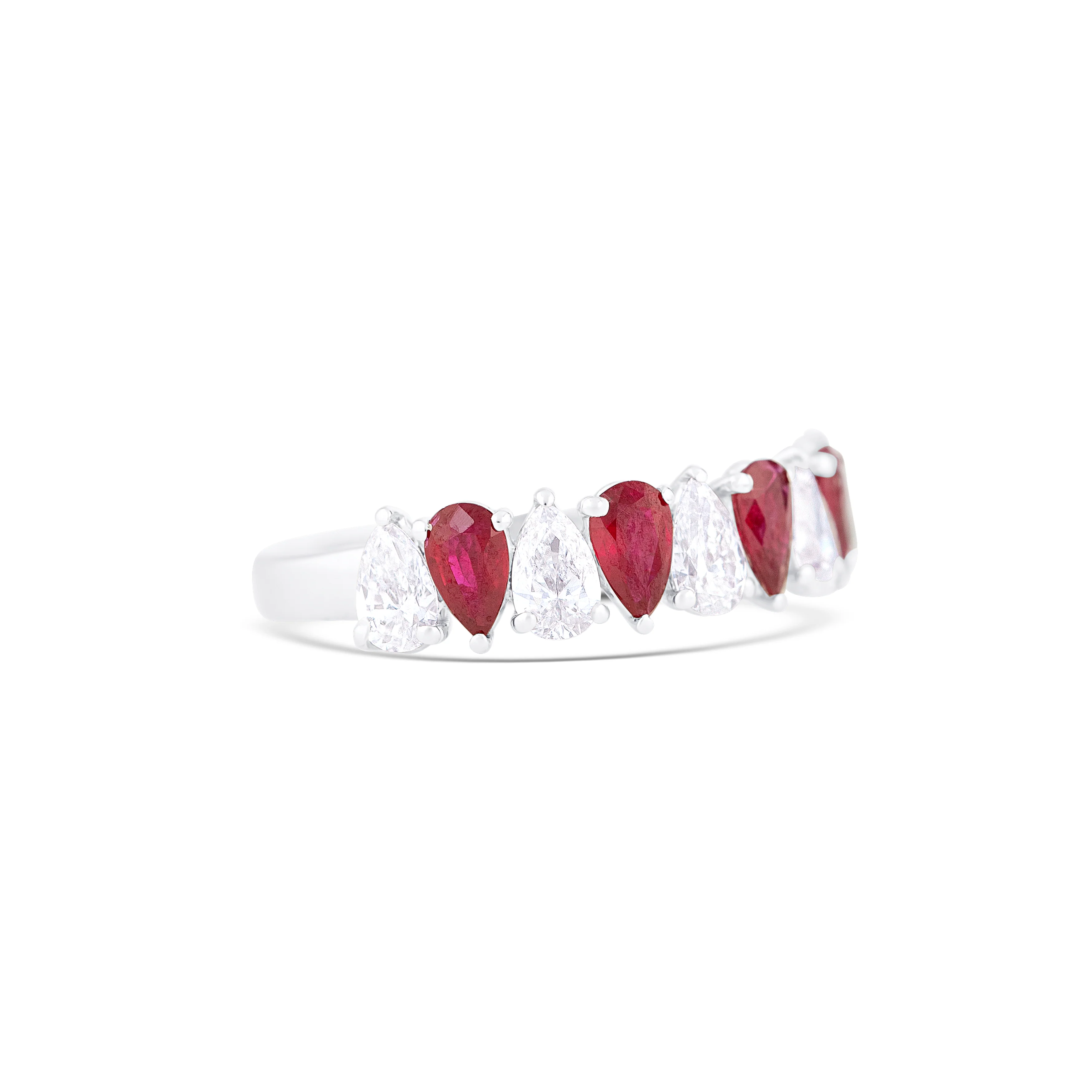 18K White Gold Pear Ruby and Pear Diamond Wedding Band - Image 3