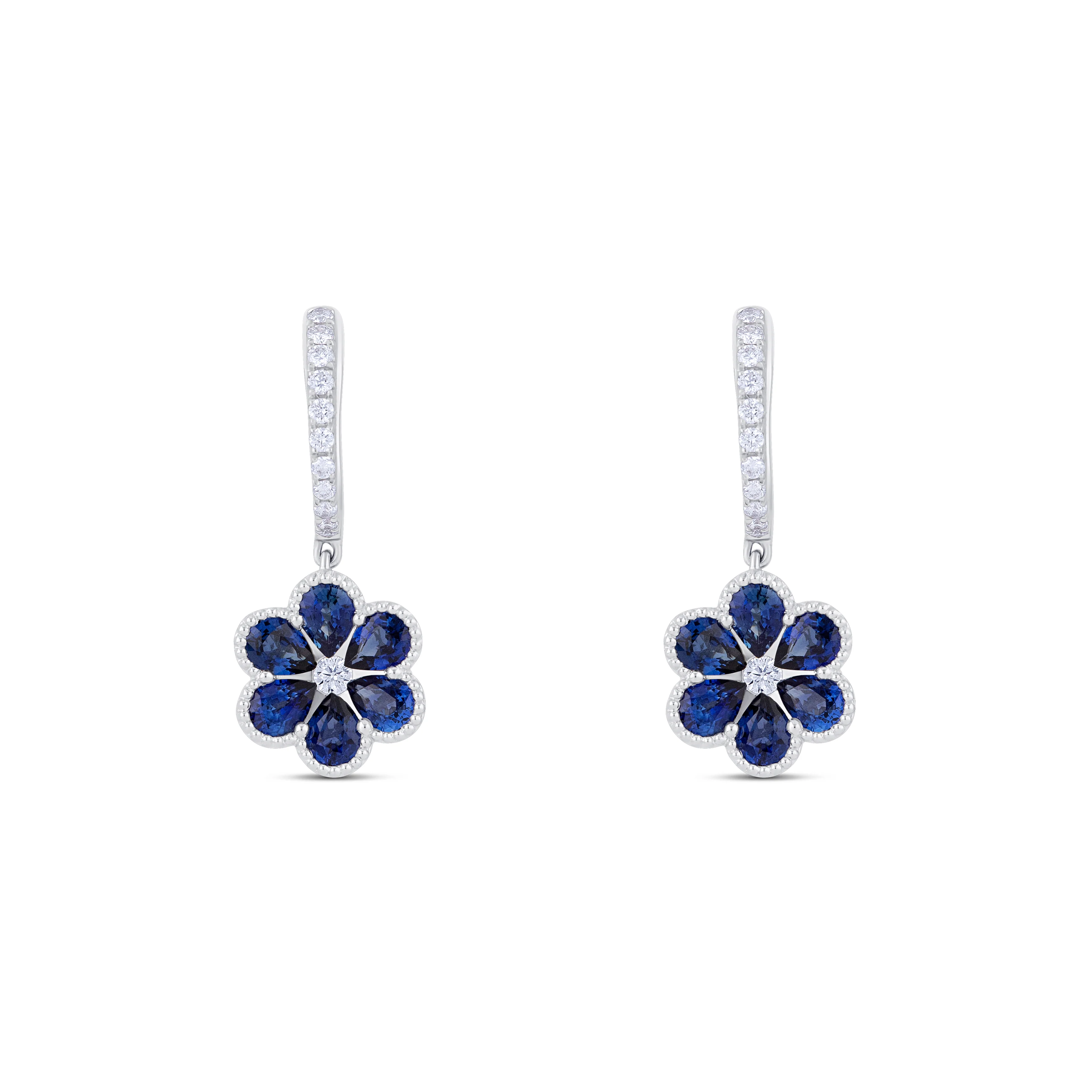 18K White Gold Pear Sapphire and Multi Shape Diamond Drop Earrings