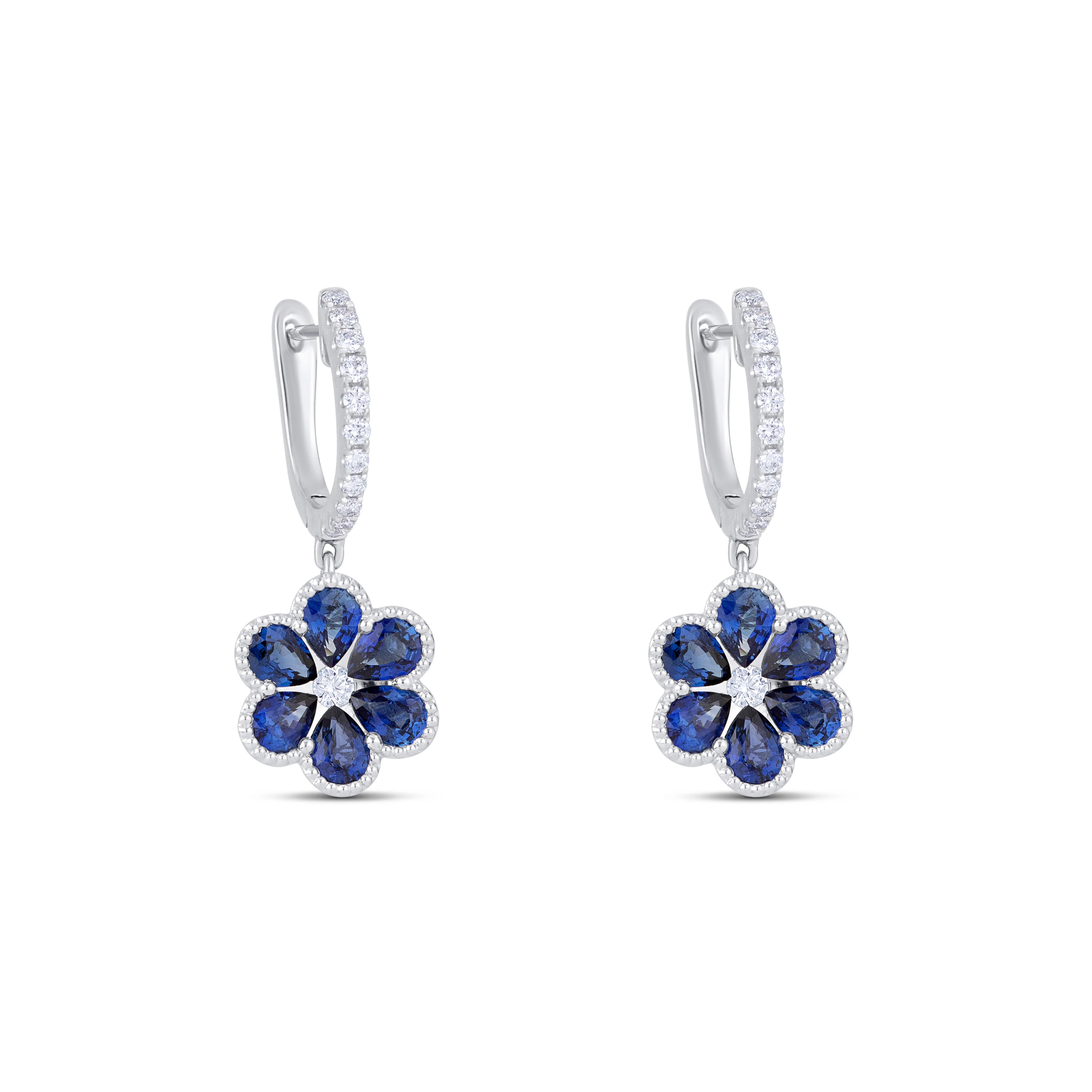 18K White Gold Pear Sapphire and Multi Shape Diamond Drop Earrings - Image 3