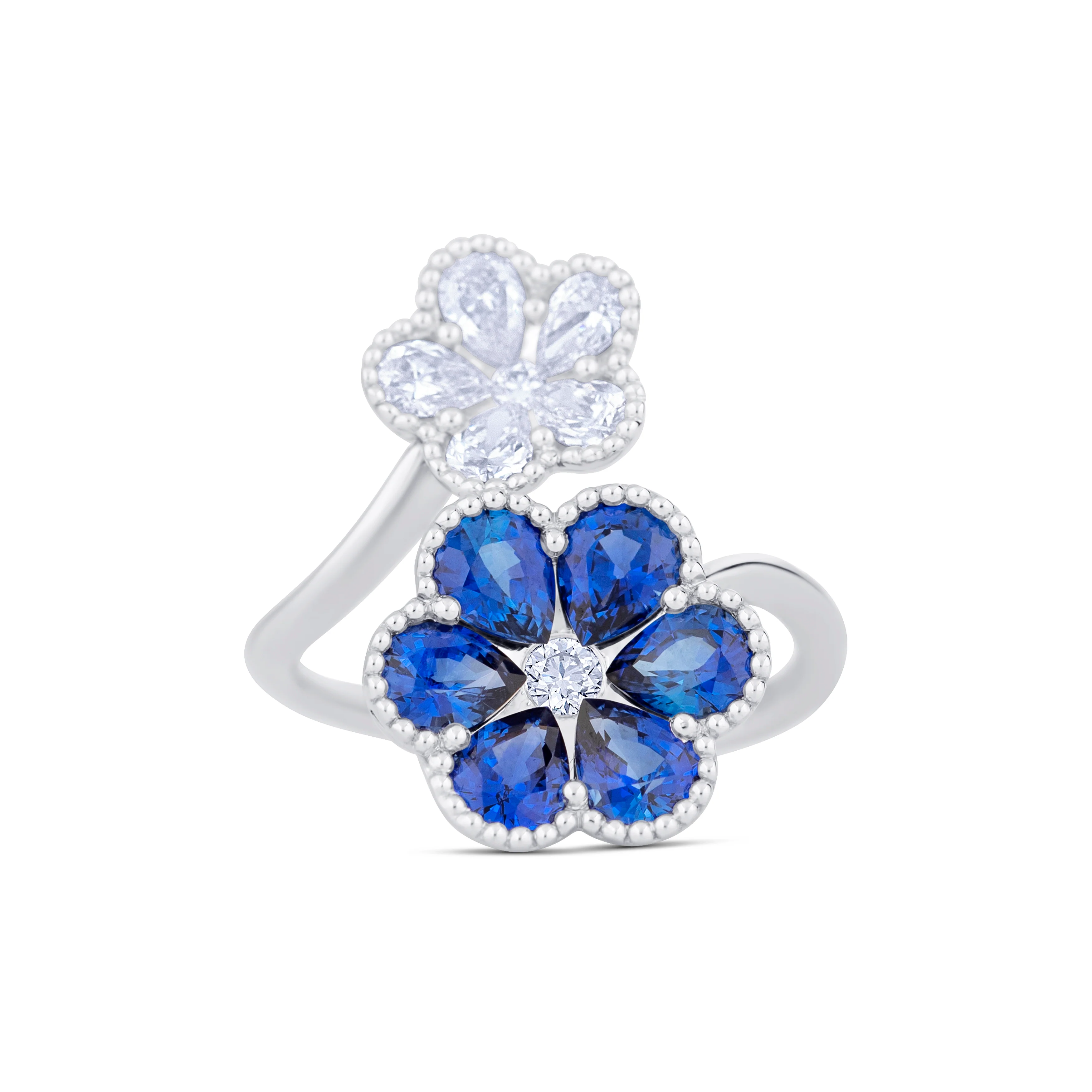 18K White Gold Pear Sapphire and Multi Shape Diamond Flower Ring