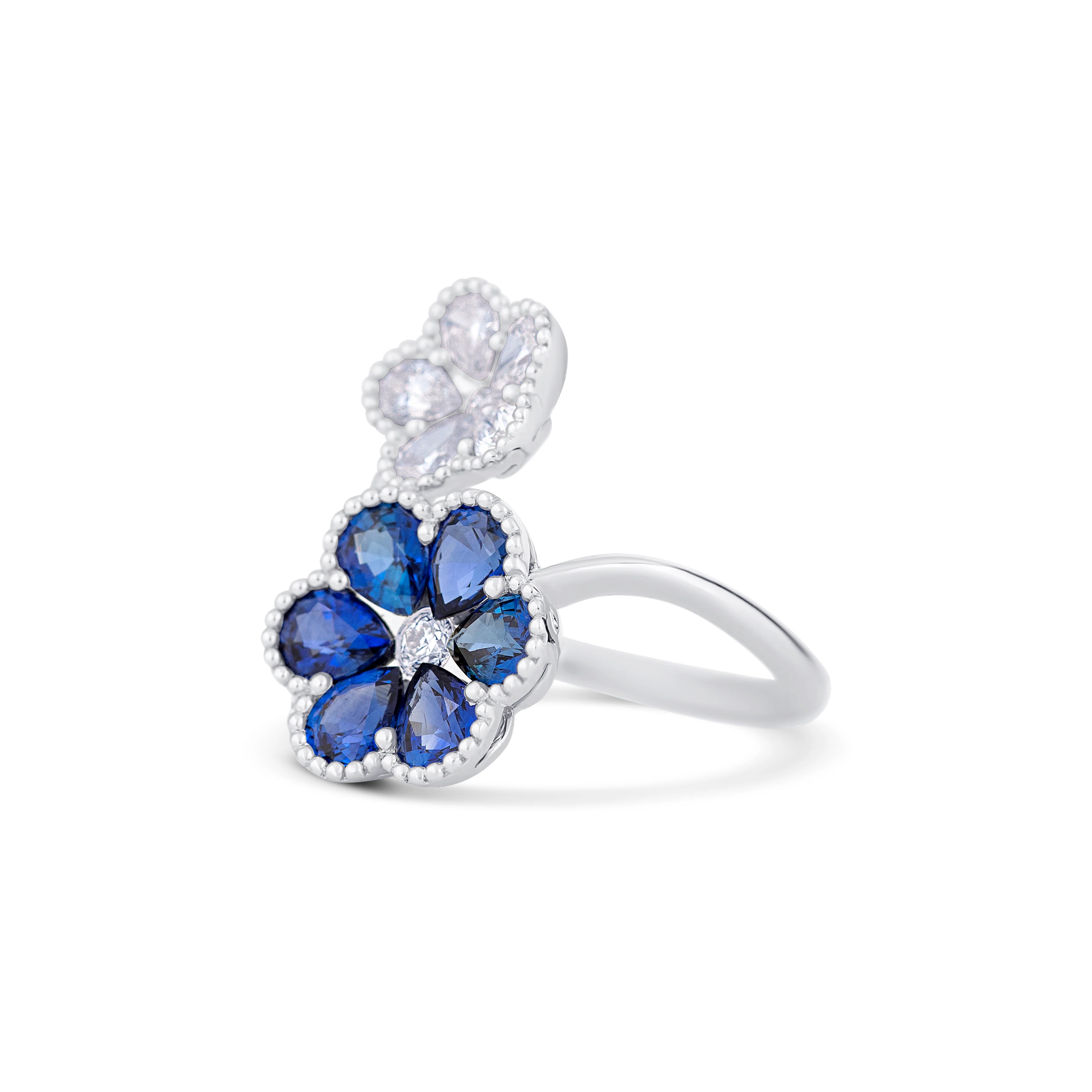 18K White Gold Pear Sapphire and Multi Shape Diamond Flower Ring - Image 3