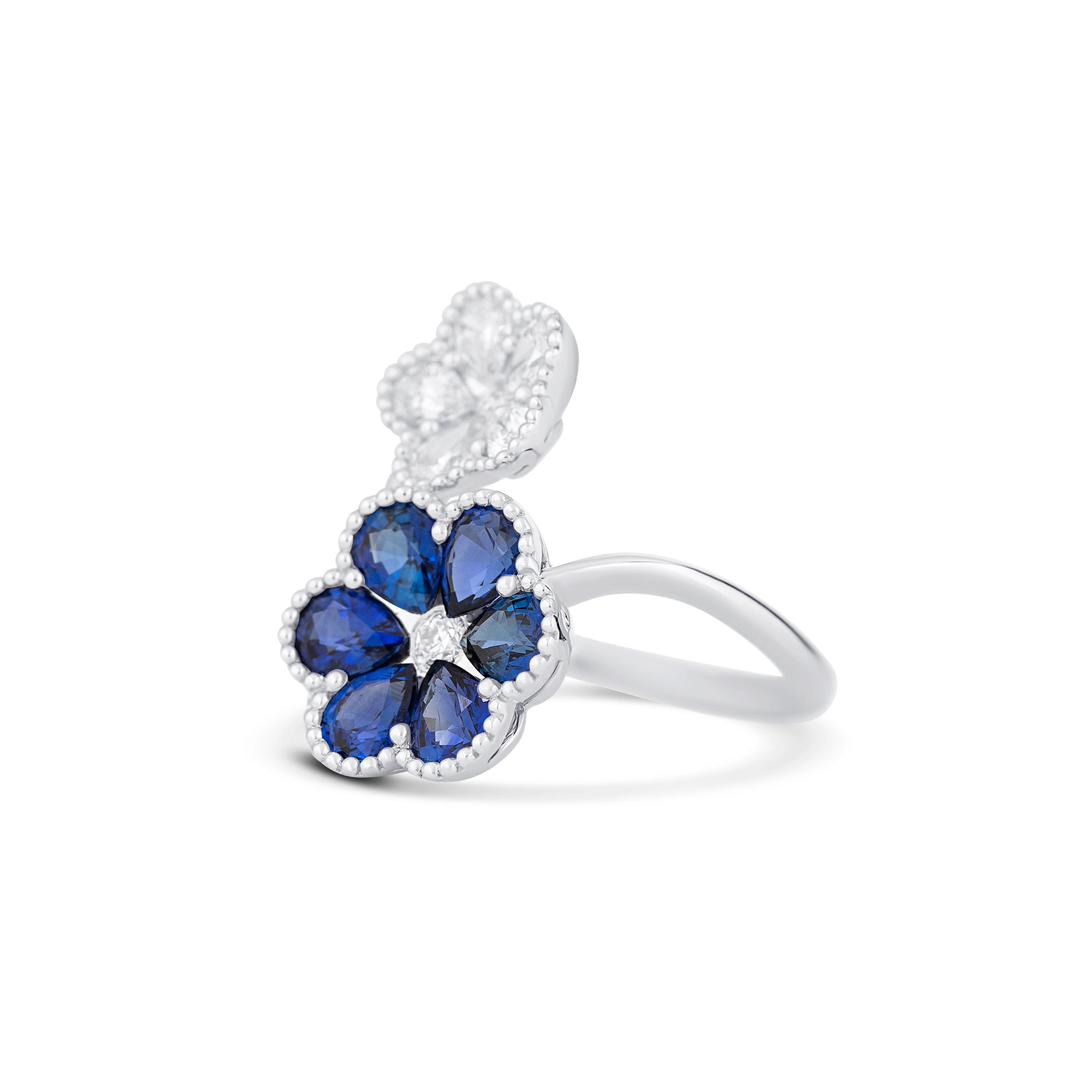 18K White Gold Pear Sapphire and Multi Shape Diamond Flower Ring - Image 4