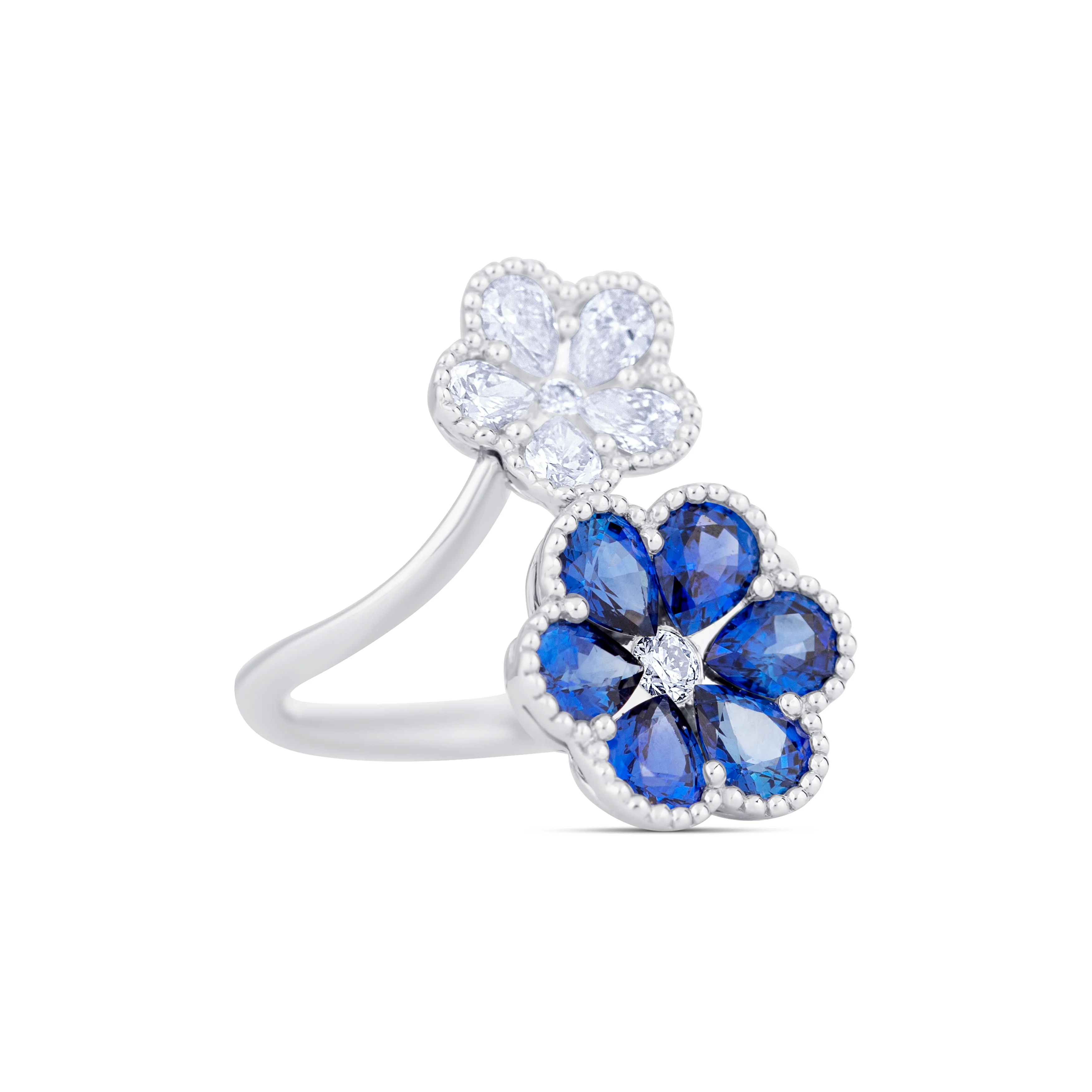 18K White Gold Pear Sapphire and Multi Shape Diamond Flower Ring - Image 5