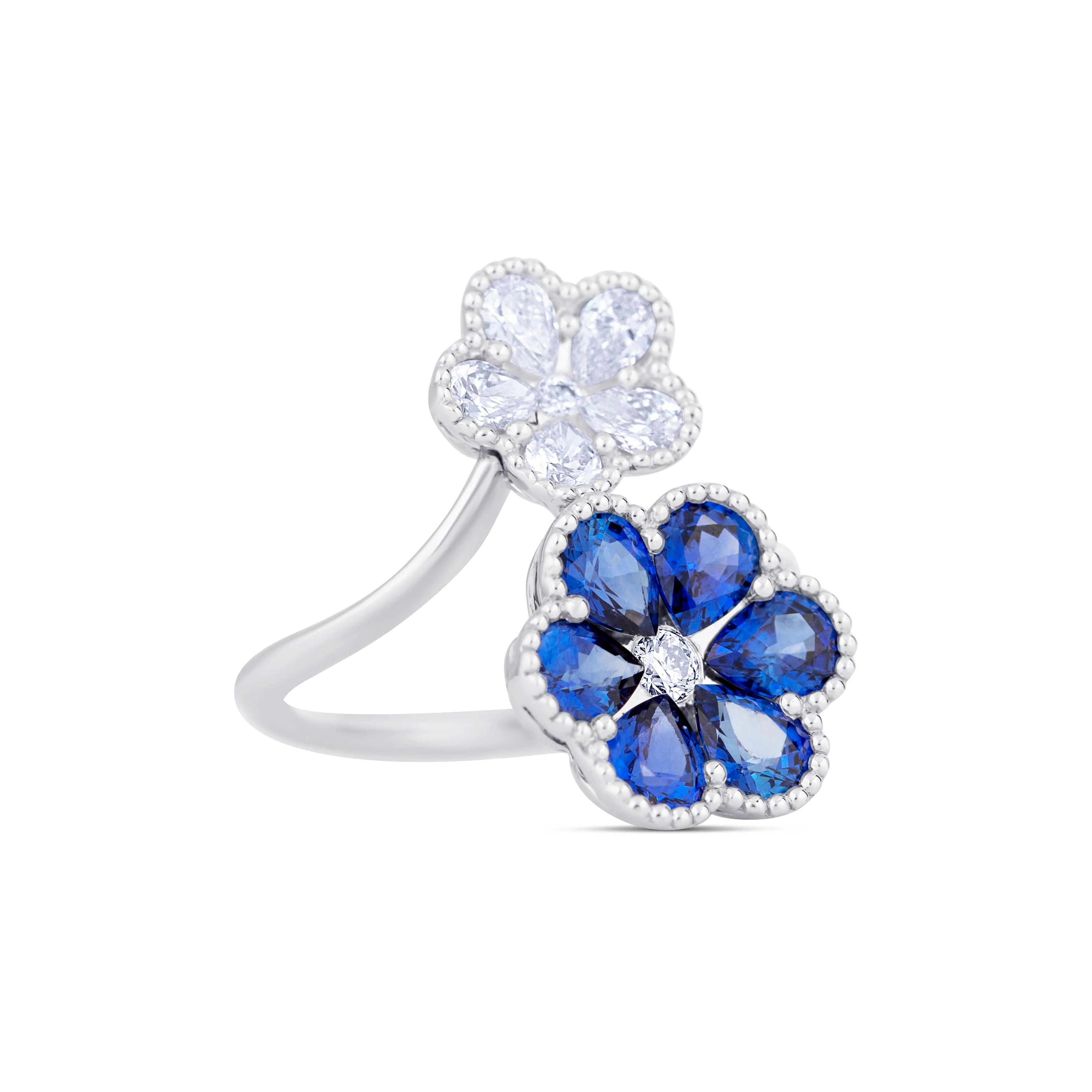 18K White Gold Pear Sapphire and Multi Shape Diamond Flower Ring - Image 6