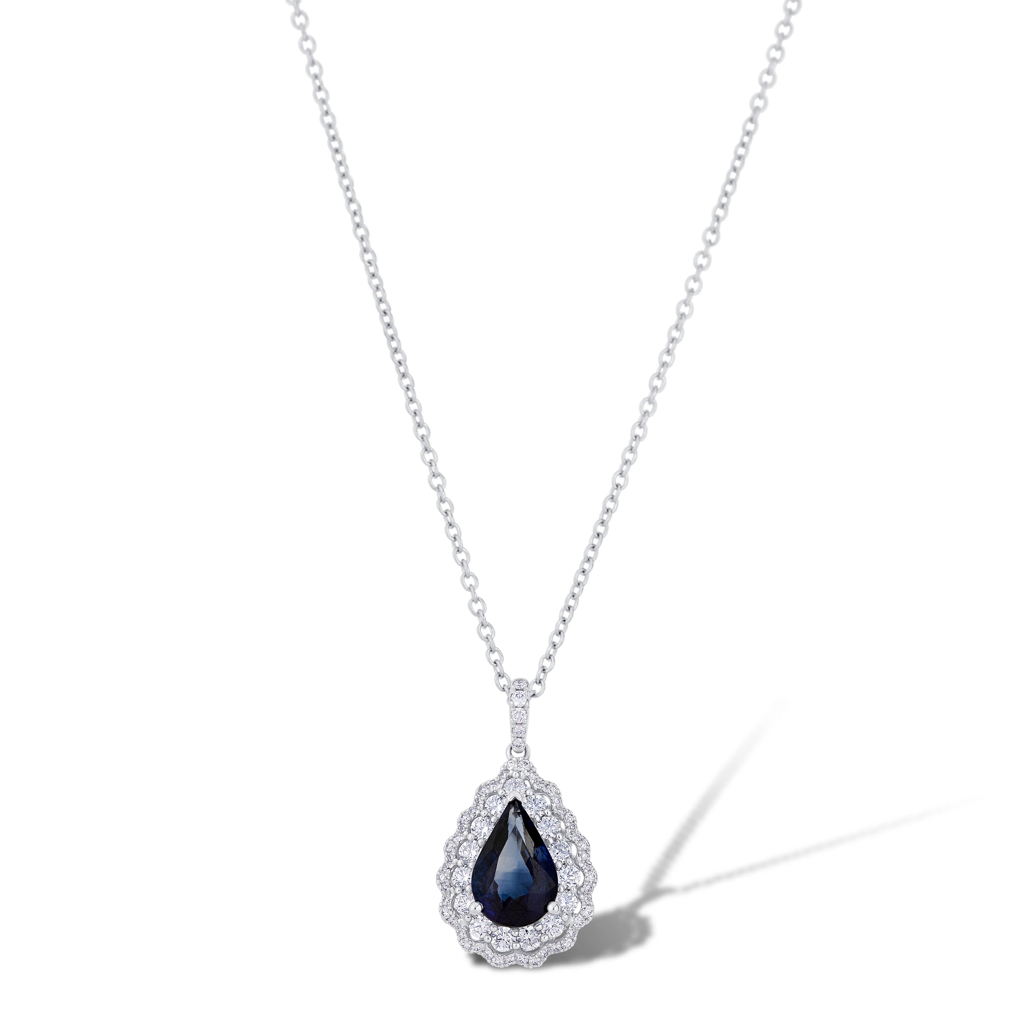 18K White Gold Pear Sapphire and Multi Shape Diamond Pendant Necklace