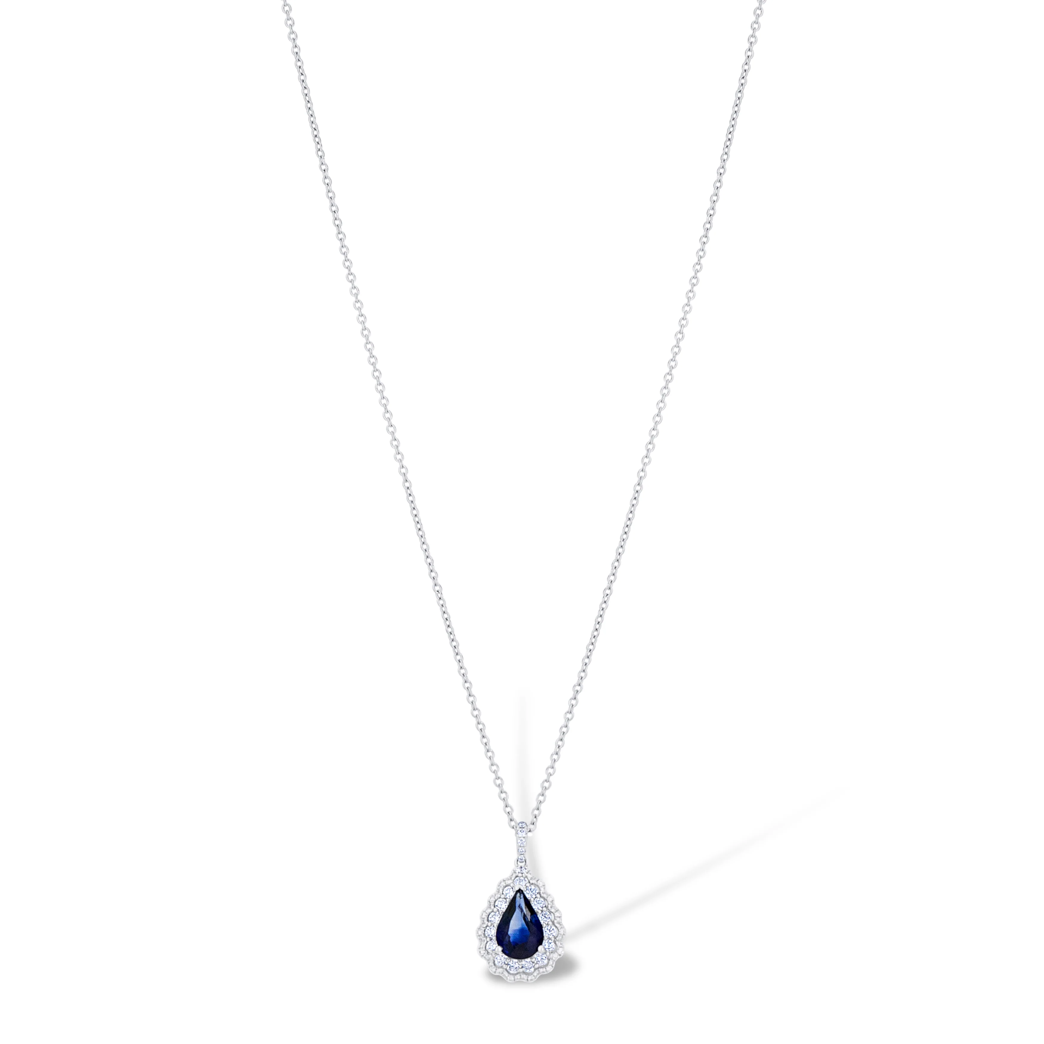18K White Gold Pear Sapphire and Multi Shape Diamond Pendant Necklace - Image 2